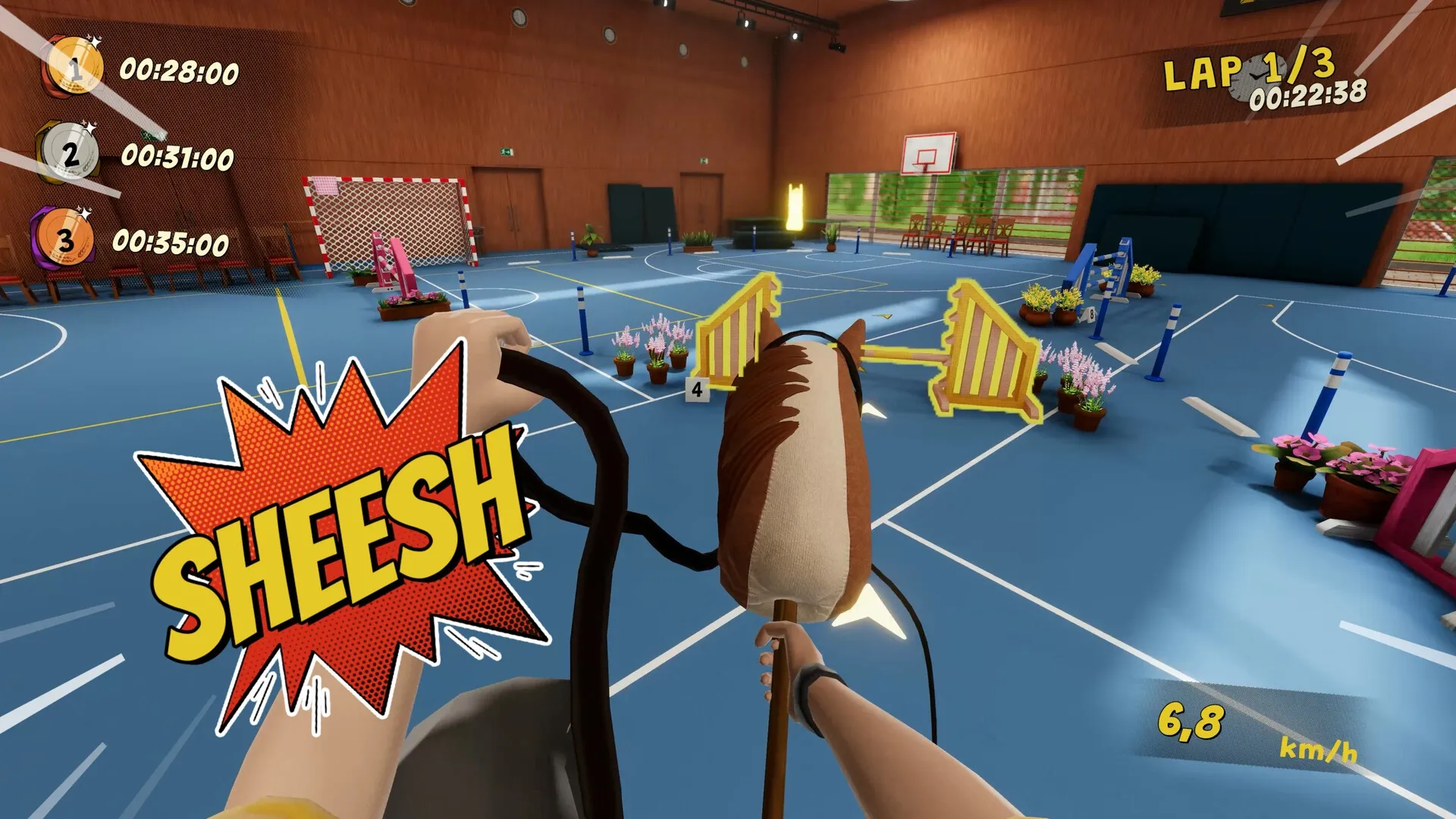 Hobby Horse: First-person view of player navigating obstacle course in an indoor gym with speed displayed.