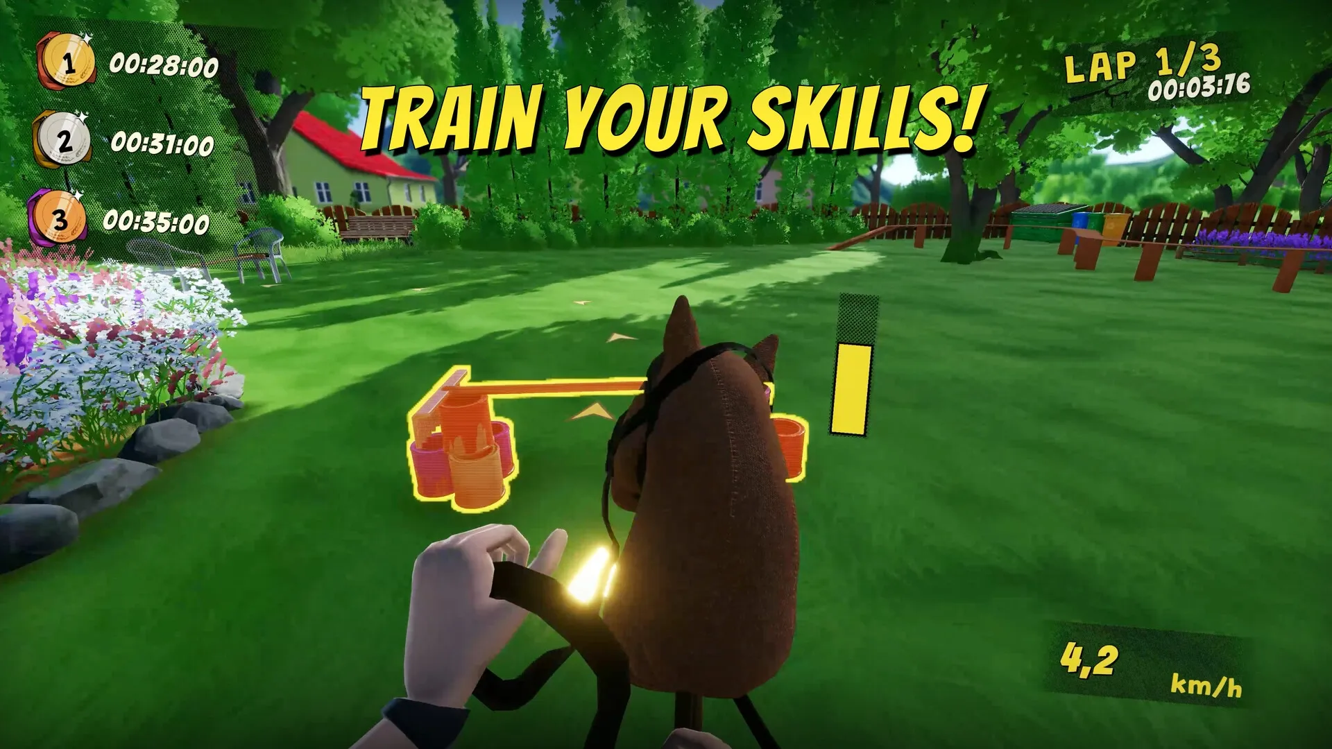 Hobby Horse: First-person riding view in green park with obstacles, training message, and lap timer visible.