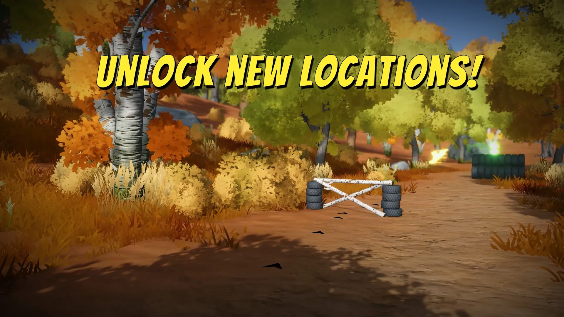 Hobby Horse: Autumn forest path with obstacle course and text "Unlock New Locations!"