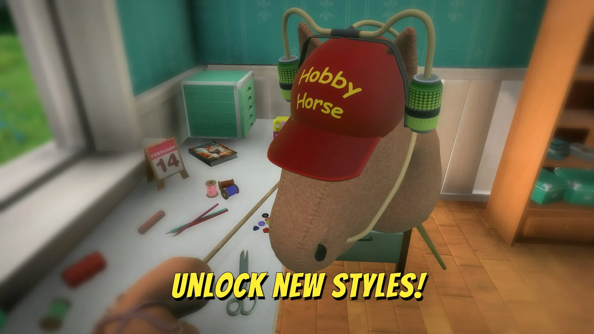 Hobby Horse: Customize hobby horse head with red cap and accessories in crafting room setting