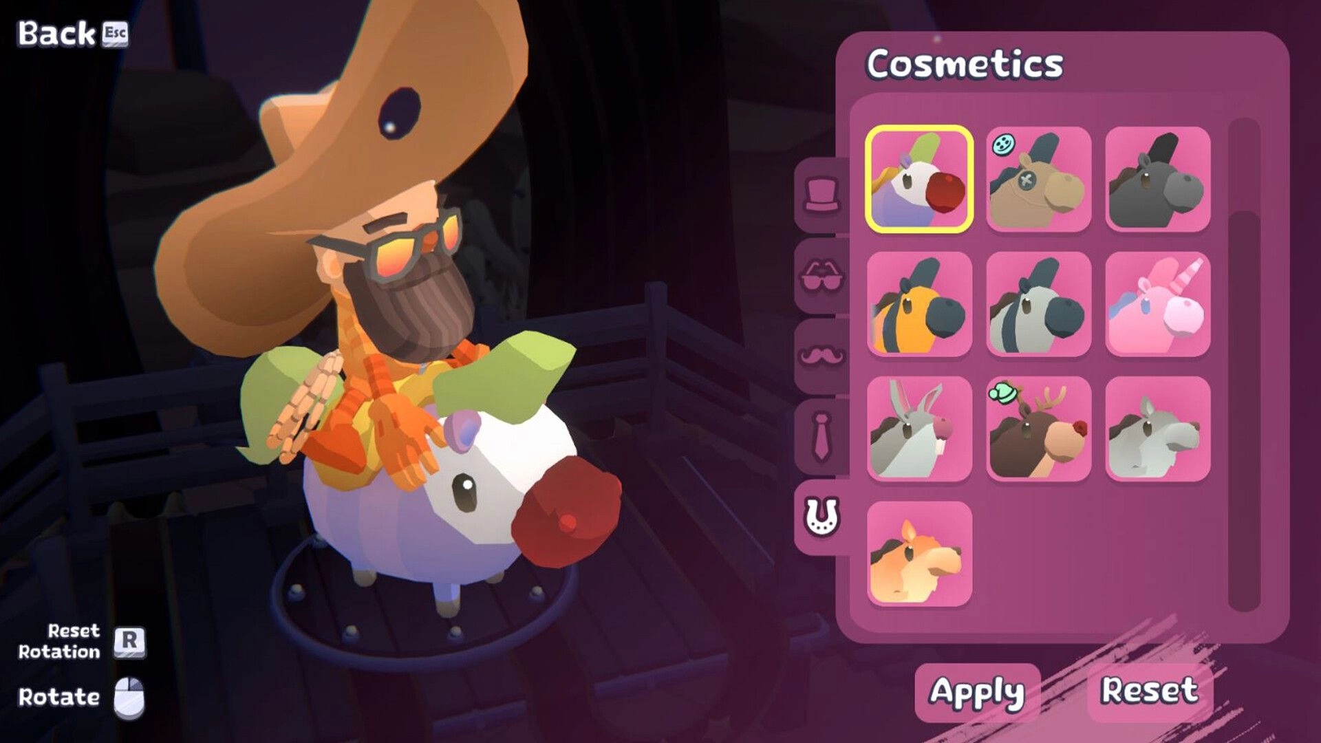 Hogtie: Character customization screen displaying various pig head options and cowboy character on pig
