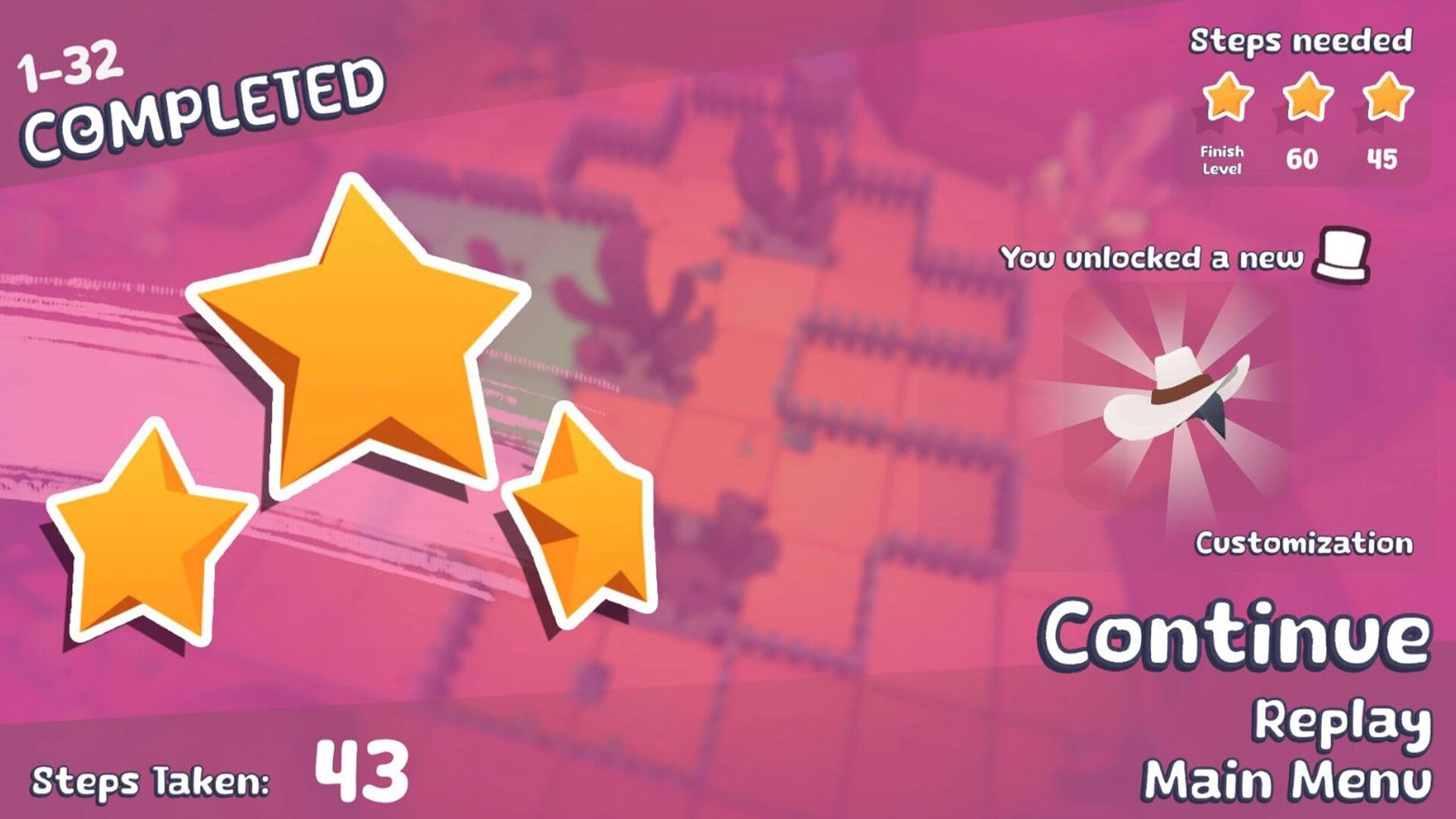 Hogtie: Level 1-32 completed with stars, steps taken 43, new hat unlocked, and menu options visible