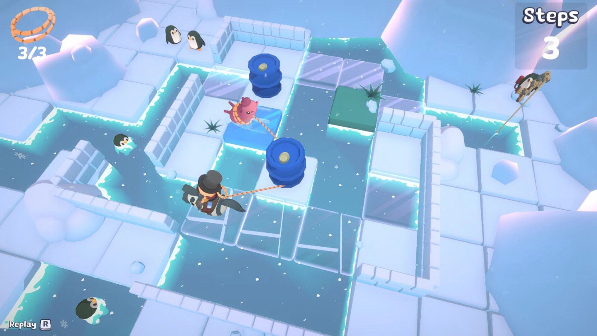 Hogtie: Player lassoes pig on icy tiles with penguins nearby in a snowy puzzle adventure setting