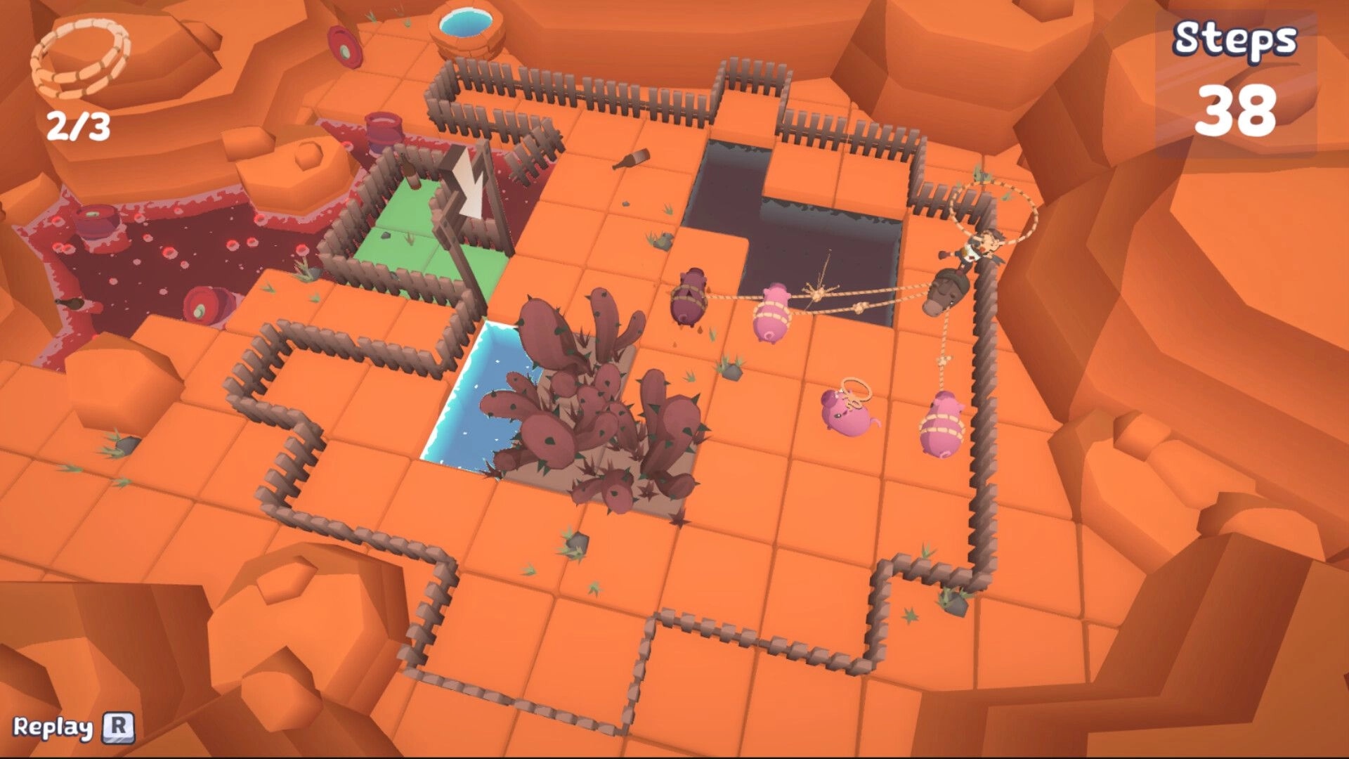 Hogtie: Player lassos pink pigs on orange tiles with water and cactus obstacles in desert setting