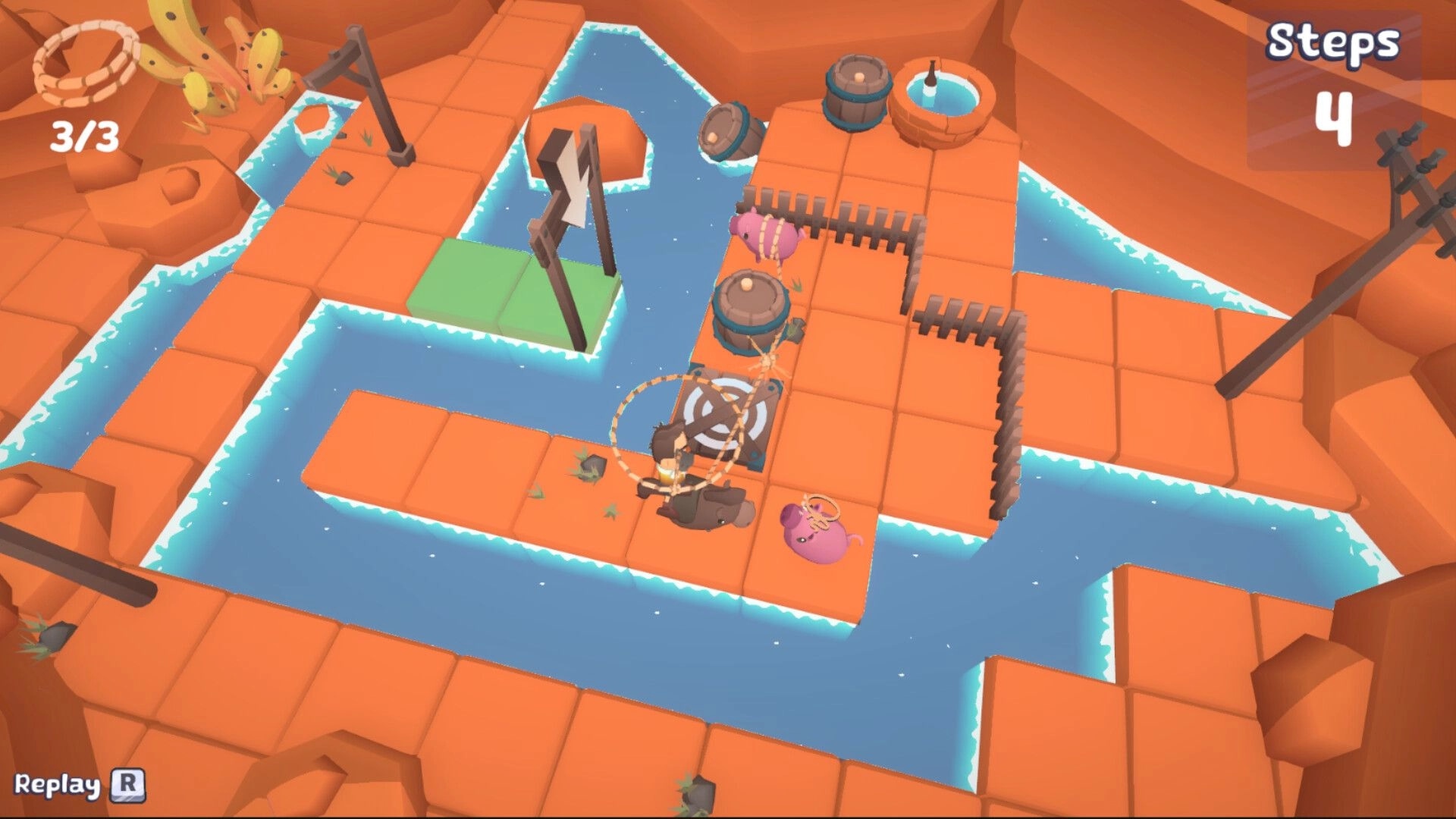 Hogtie: Wrangling pigs with a lasso on a tiled bridge over water in a desert canyon setting.