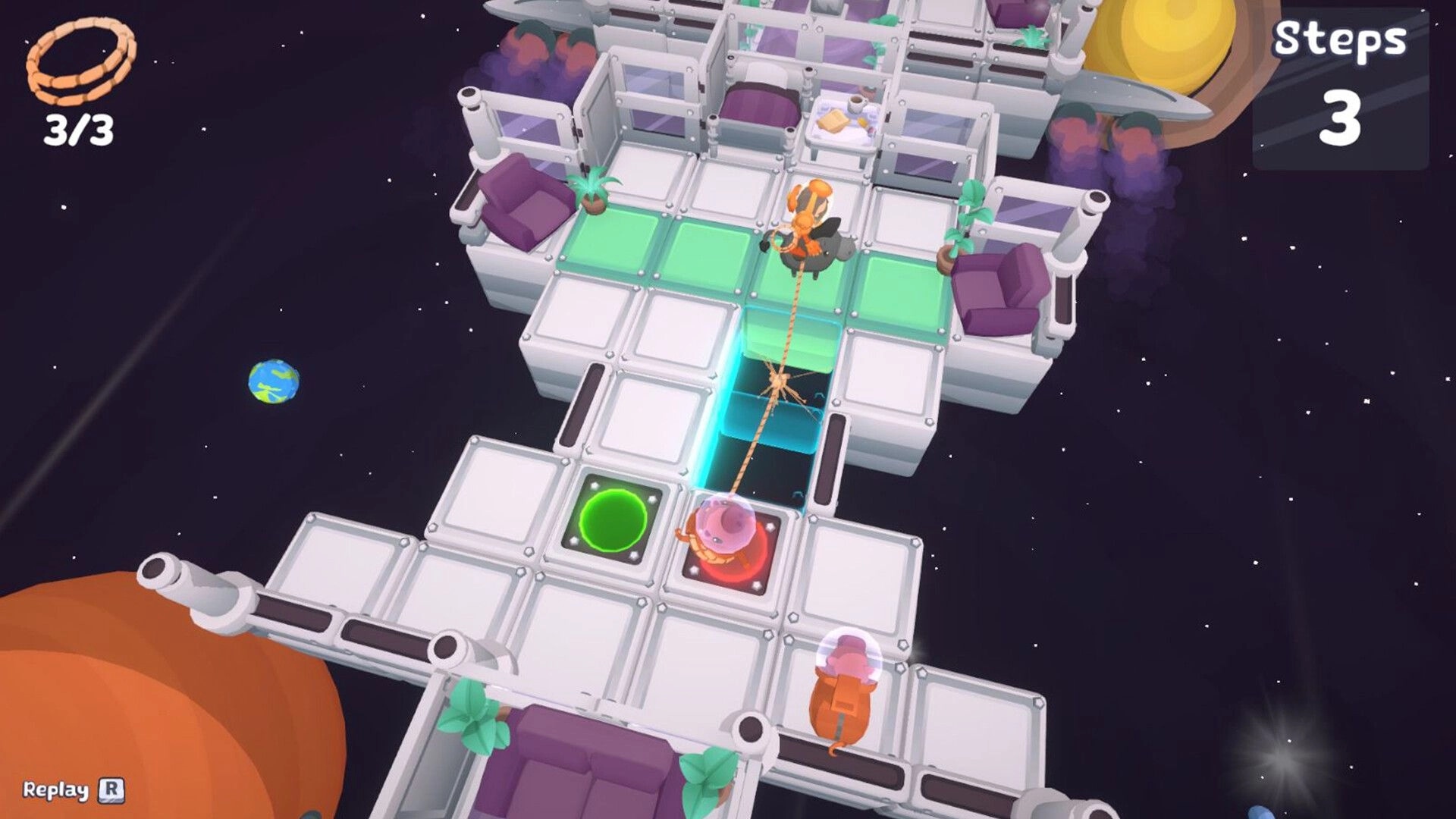 Hogtie: Player lassos pig on space-themed grid with step counter and lasso inventory in view.