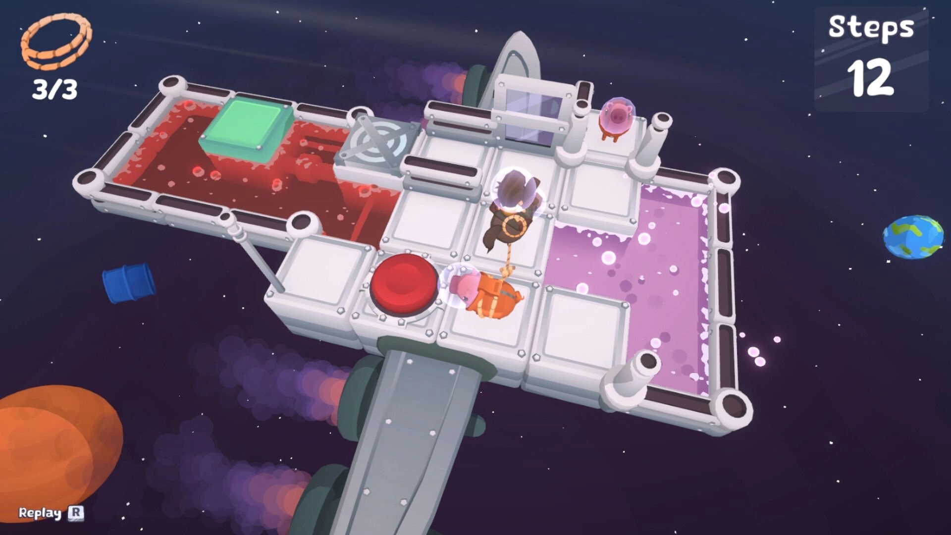 Hogtie: Guiding a pig with a lasso across a space-themed platform with steps counter at 12