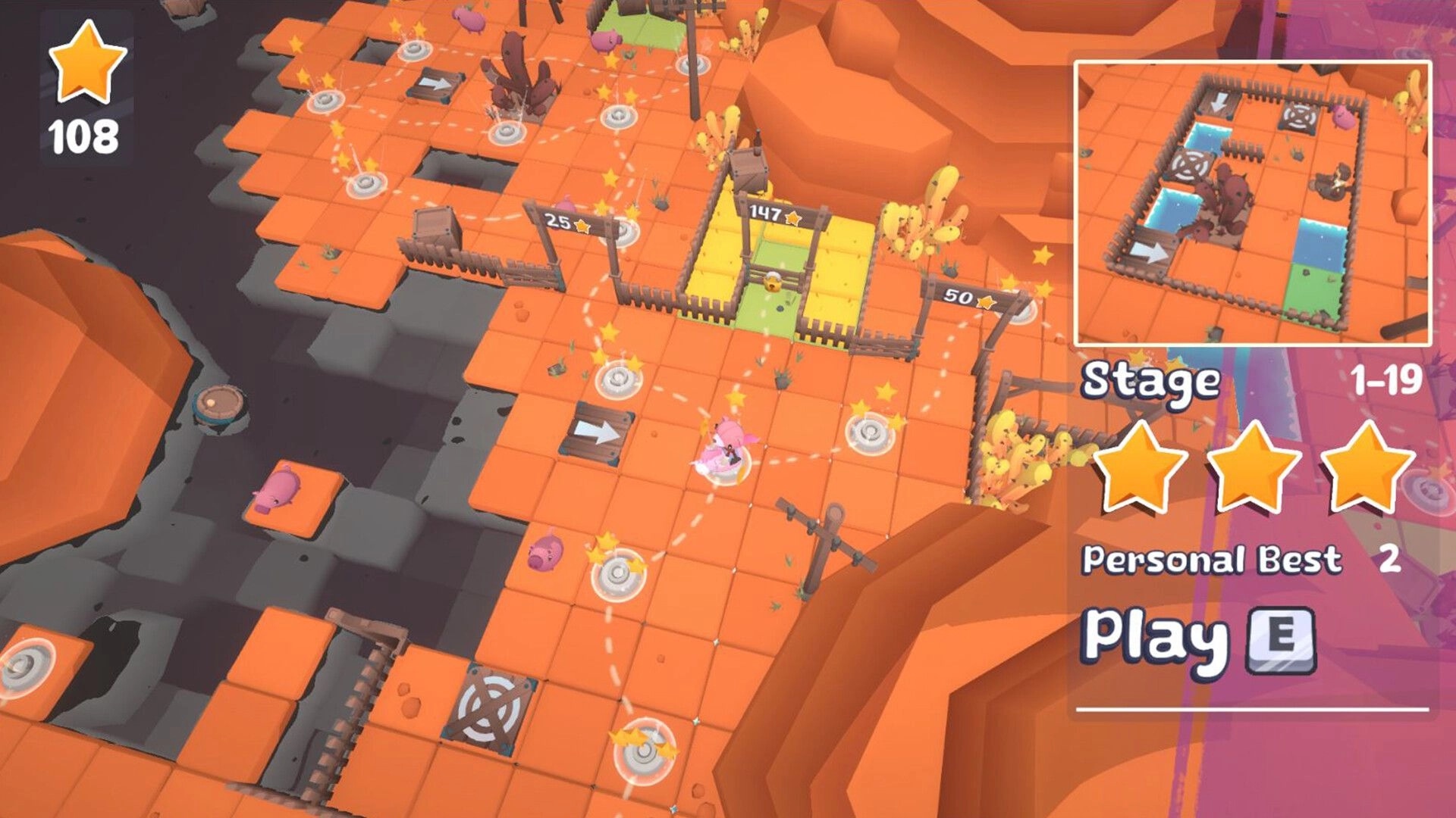 Hogtie: Navigating orange tile path with pigs and fences, showing stage 1-19 and star rating UI.