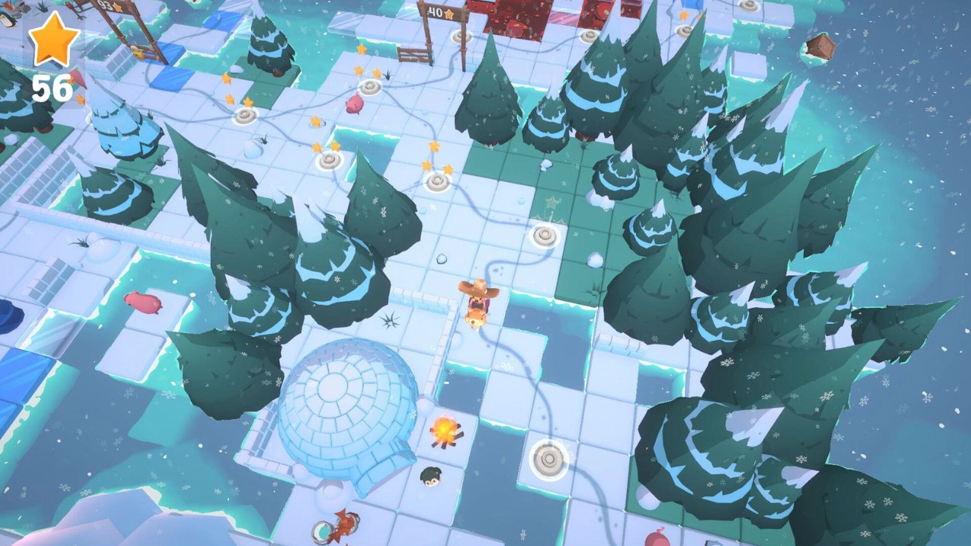Hogtie: Top-down view of snowy forest puzzle with character guiding pigs using lasso and collecting stars