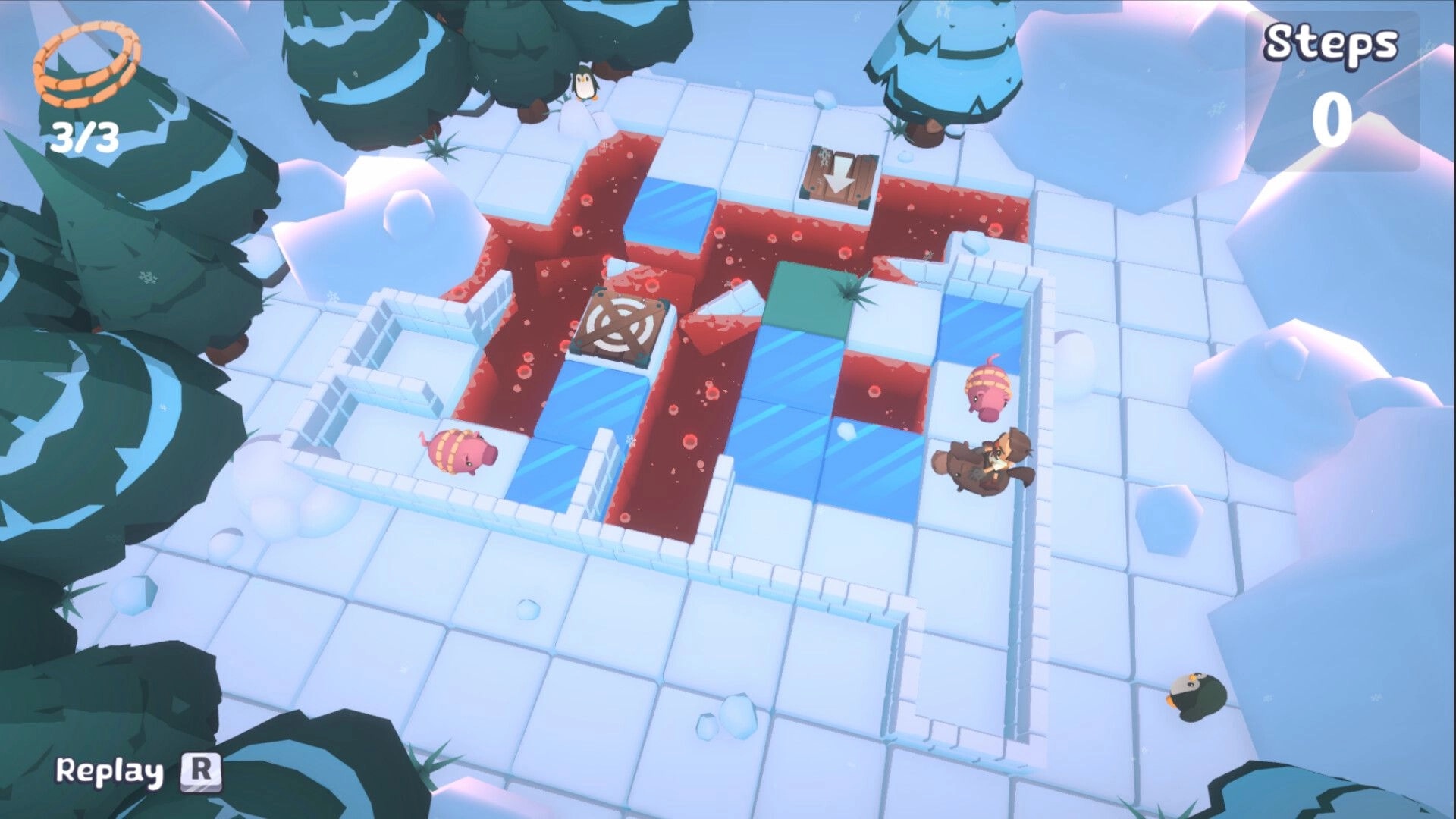 Hogtie: Guiding pigs through icy maze with lasso in snowy forest, UI shows lasso count and steps