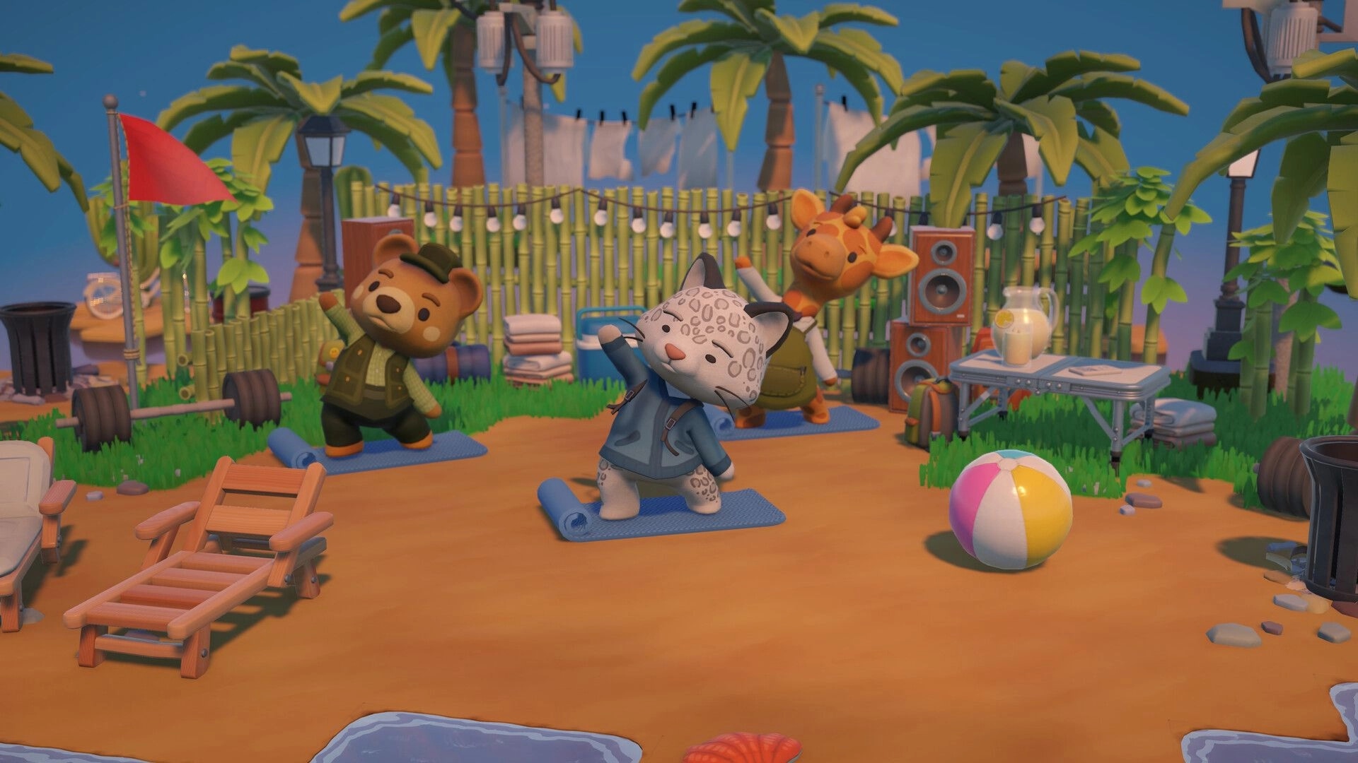 Hokko Spaces: Three animal villagers stretch on yoga mats in a beach gym with palms and speakers.
