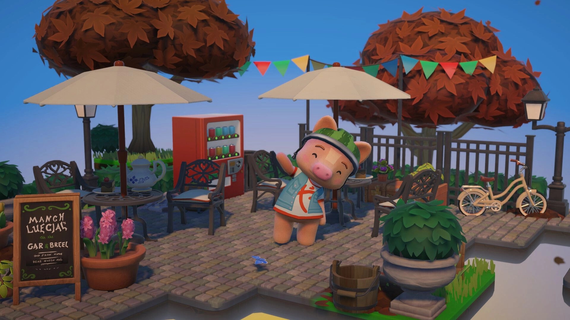 Hokko Spaces: Pig villager waving on a patio cafe with umbrellas, vending machine, bunting, bike.