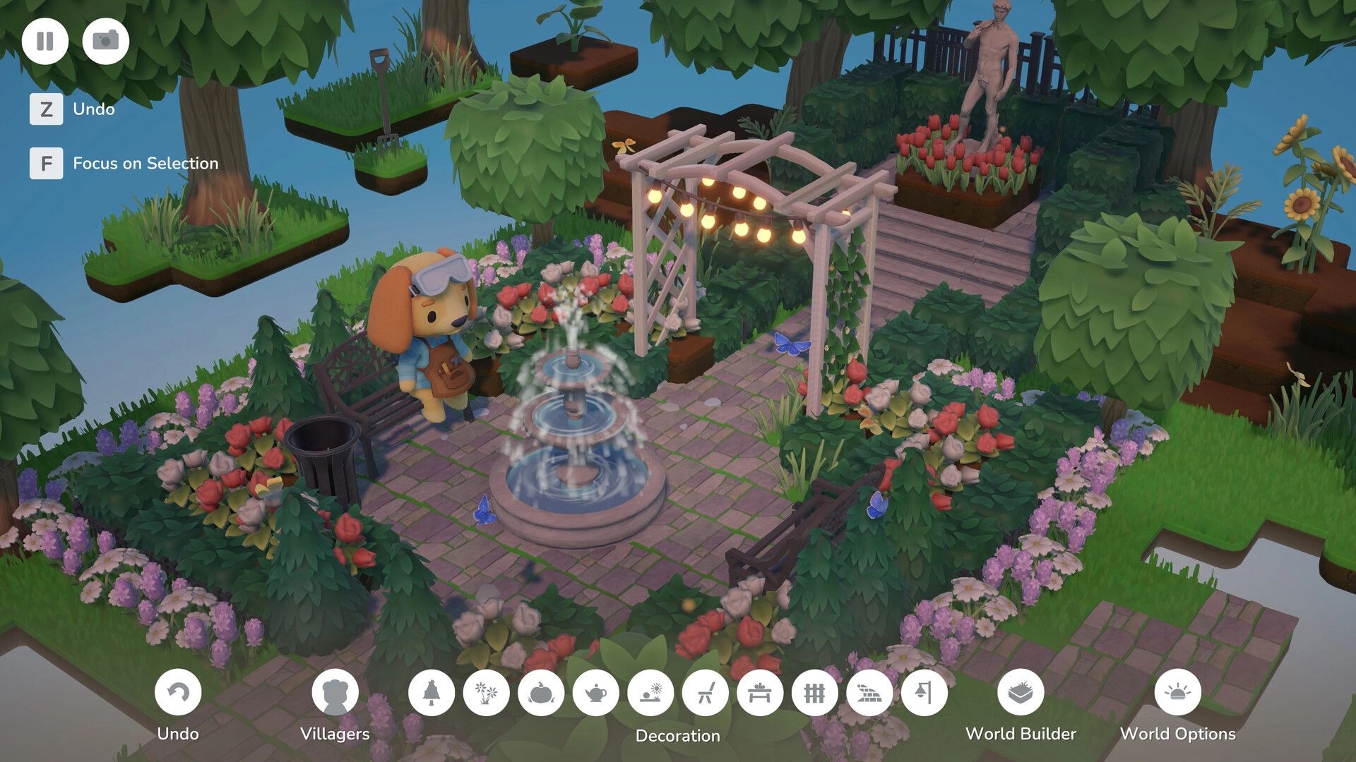 Hokko Spaces: World Builder garden plaza with fountain, benches, arch lights, and bottom UI toolbar.