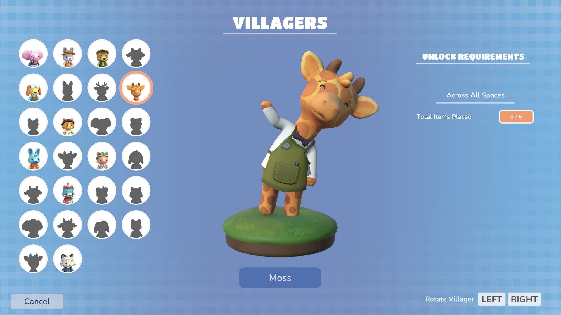 Hokko Spaces: Villagers menu selecting giraffe Moss with unlock requirements panel on blue UI screen.