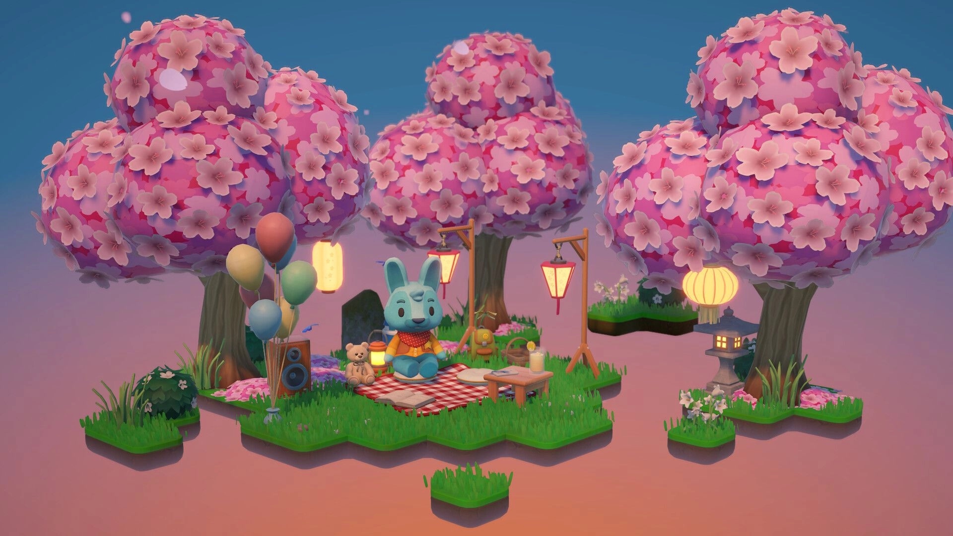 Hokko Spaces: Bunny plush on picnic blanket with lanterns and balloons in floating cherry blossom grove.