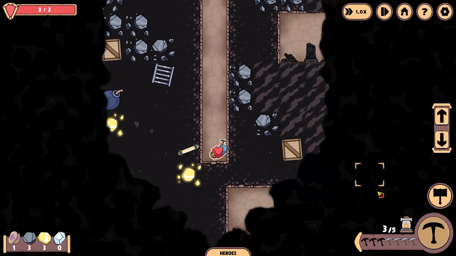 Hold The Mine: Hero collects resources in a dark mine corridor with UI showing inventory and controls.