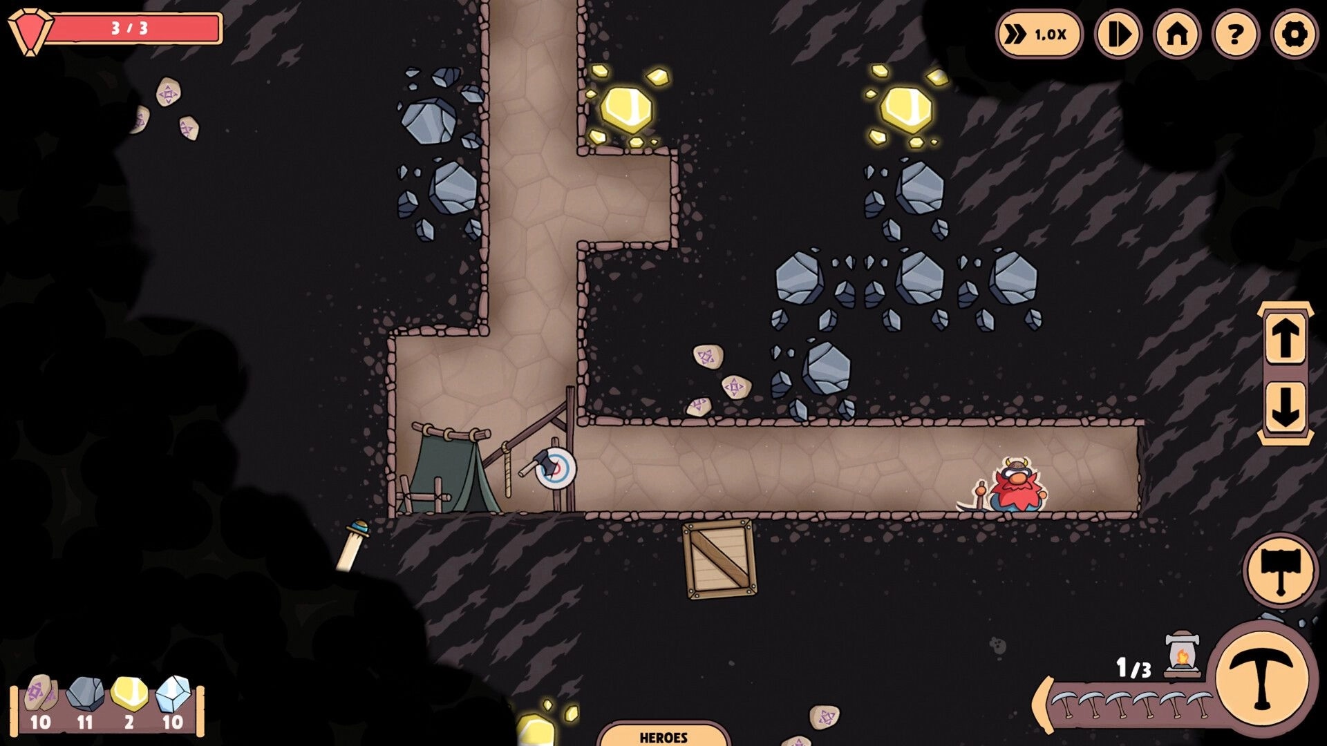 Hold The Mine: Hero in tunnel with pickaxe near tent, resources displayed, and monster approaching.