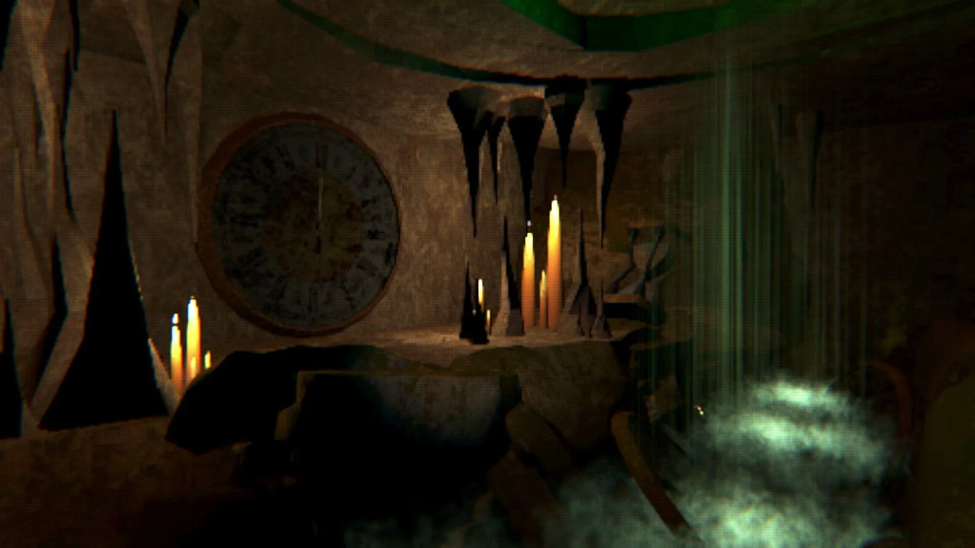 HOLES: Dimly lit cave with stalactites, candles on rocky surface, and a large, worn clock on the wall