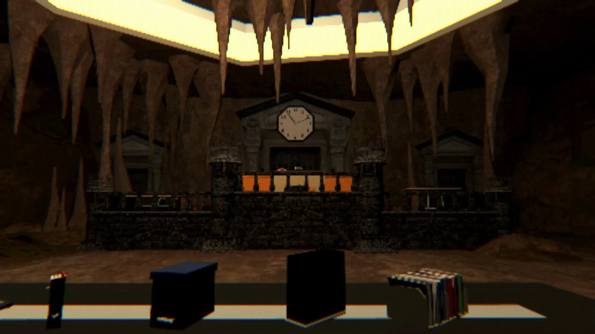 HOLES: Dark cavern with stalactites, a large clock on stone wall, and inventory items at the bottom