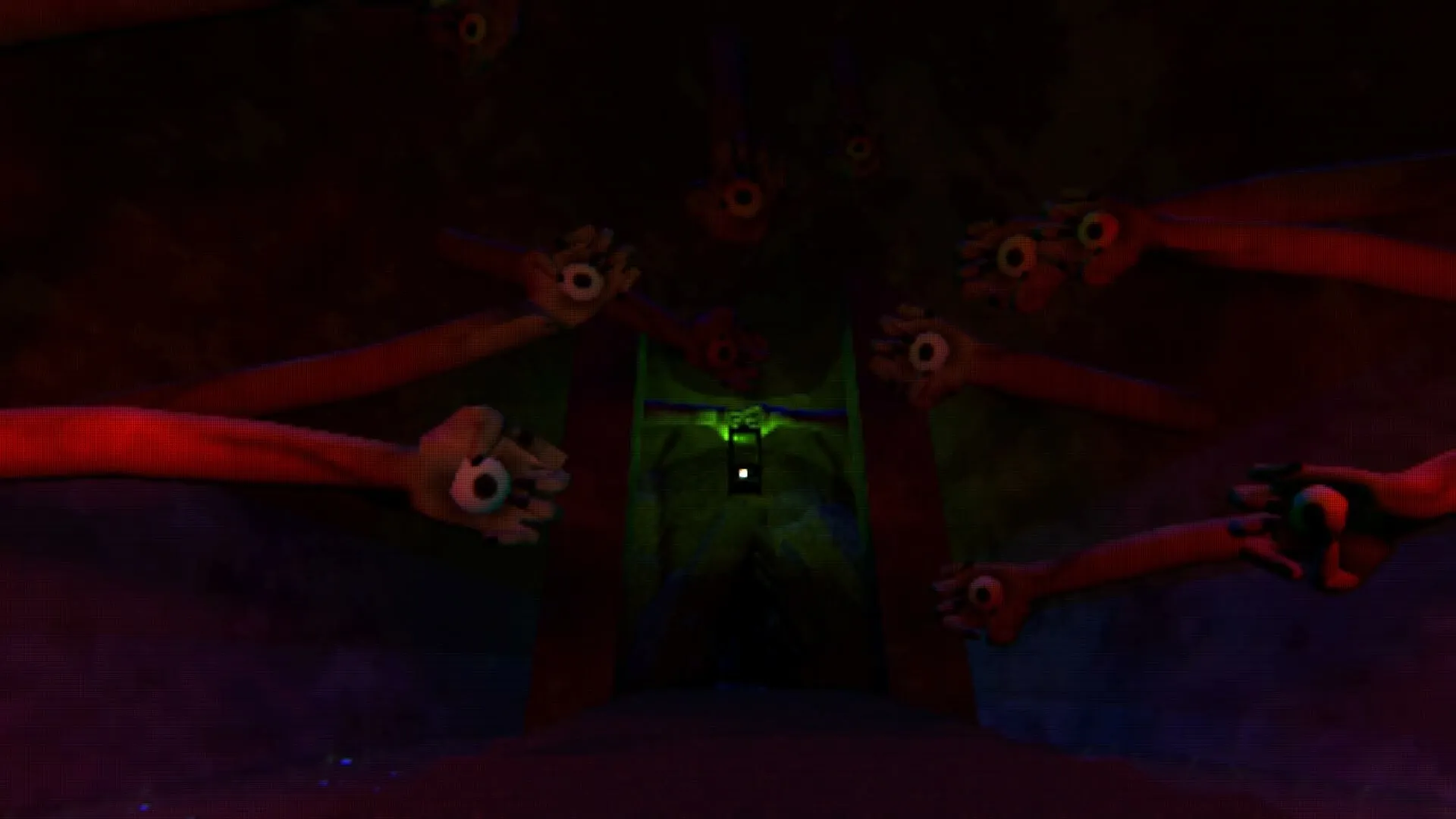 HOLES: Disembodied hands with eyes float in dark tunnel, green light hanging above ominous passageway