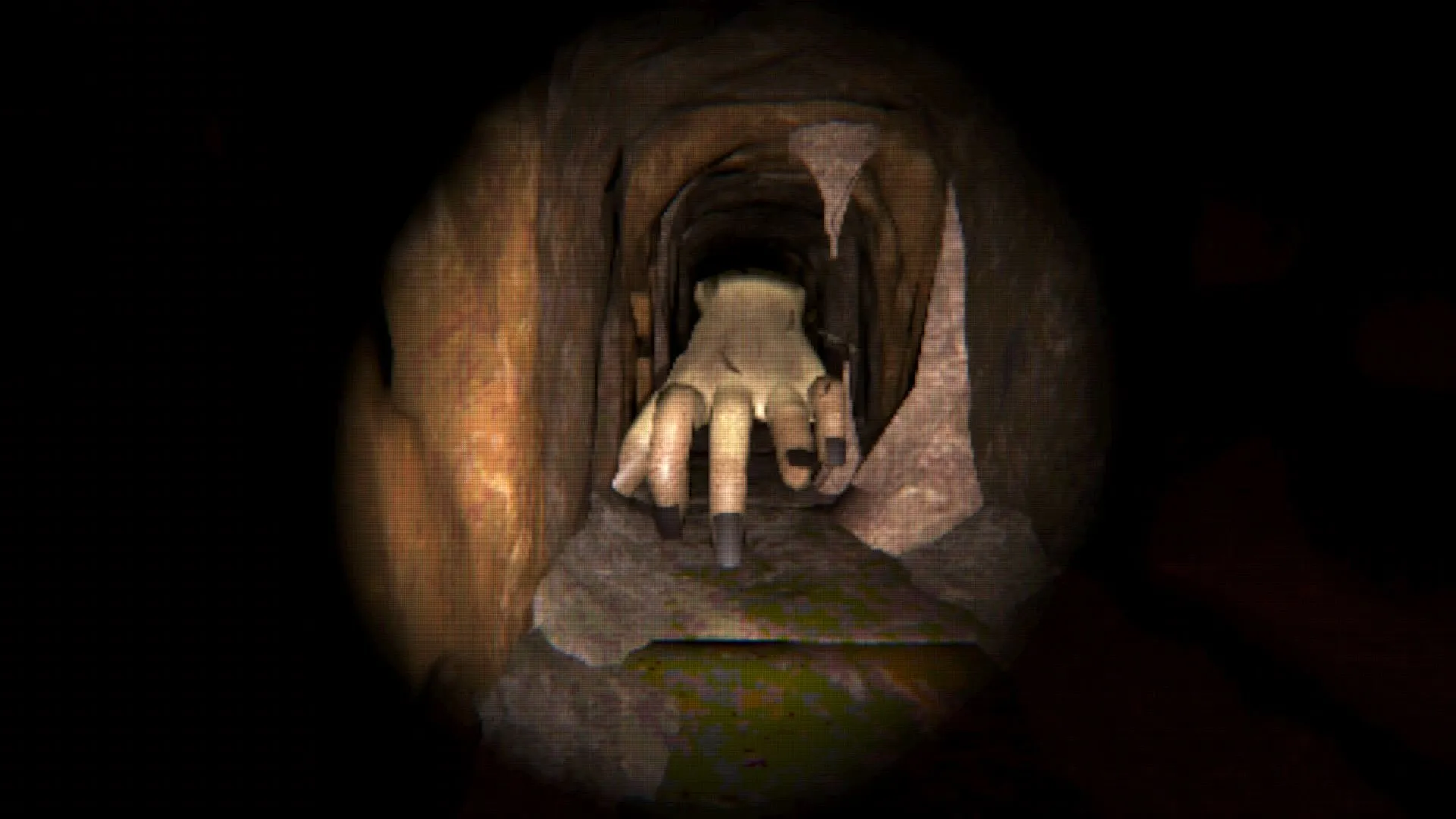 HOLES: Giant hand reaching out in dark, narrow tunnel with rough stone walls and ominous shadows