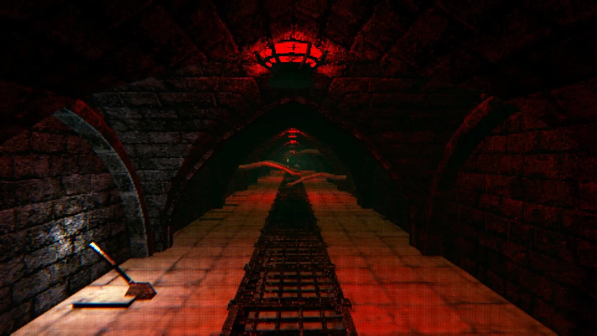 HOLES: Dark tunnel with red lighting, shovel on floor, and mysterious hands reaching from shadows
