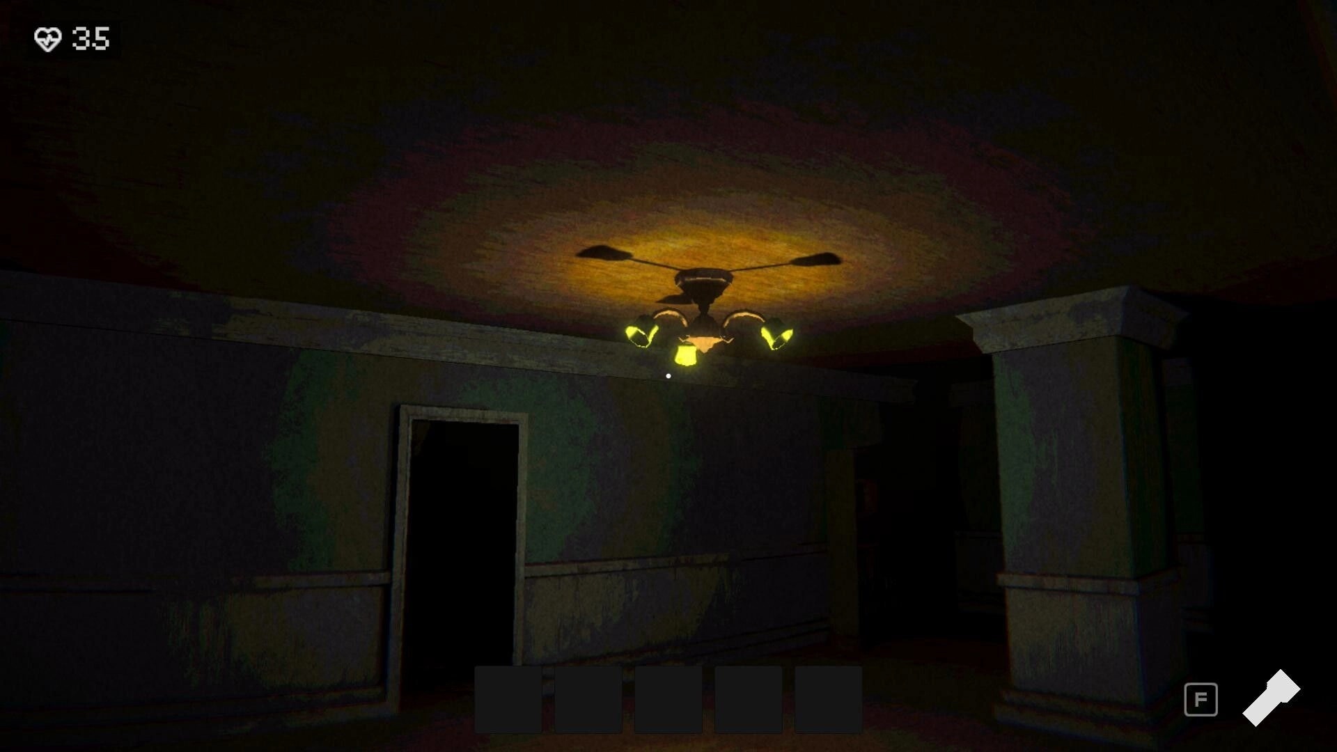 Holey: Dimly lit room with ceiling fan, dim hallway entrance, and flashlight icon in dark environment
