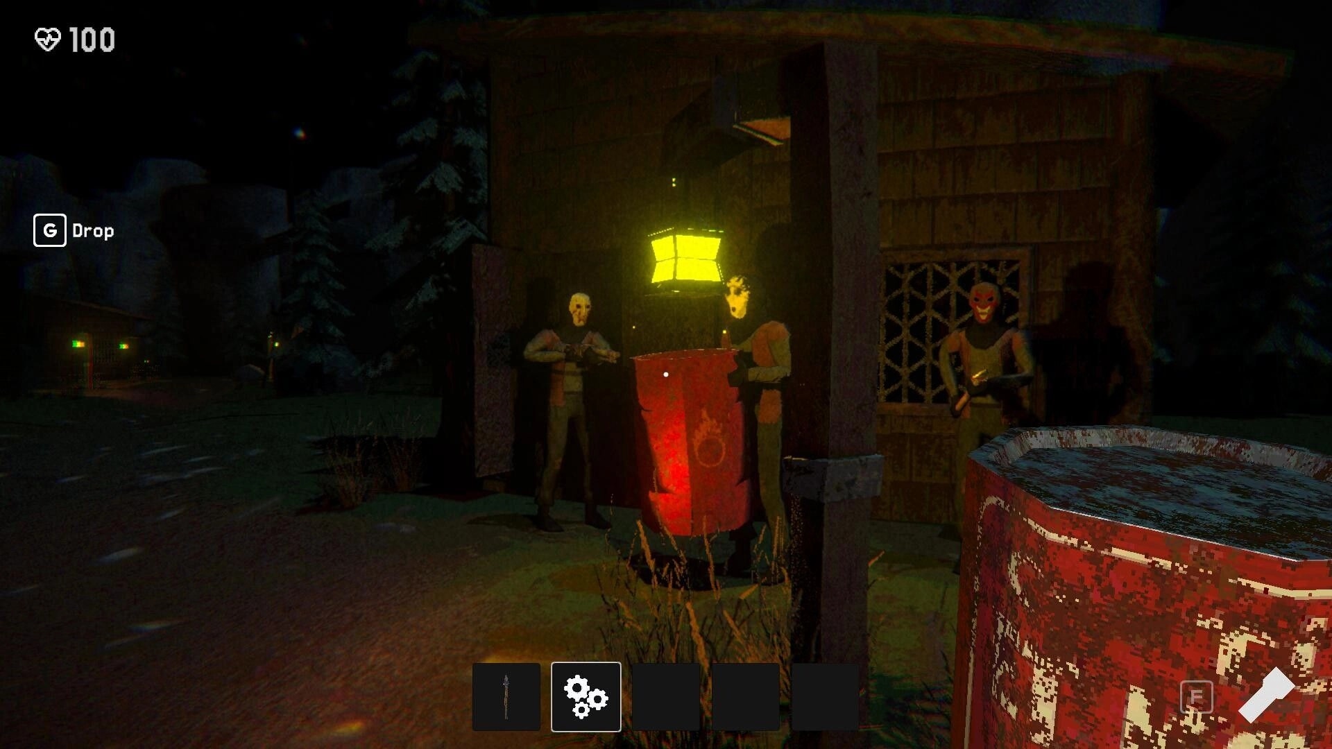 Holey: Three masked characters at a dimly lit garage entrance with a glowing red barrel nearby