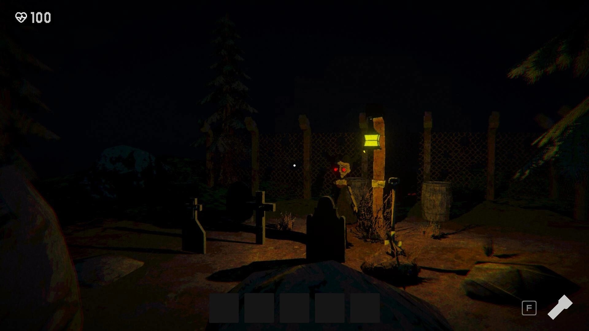 Holey: Graveyard scene at night with glowing-eyed creature near fence and player's health at 100