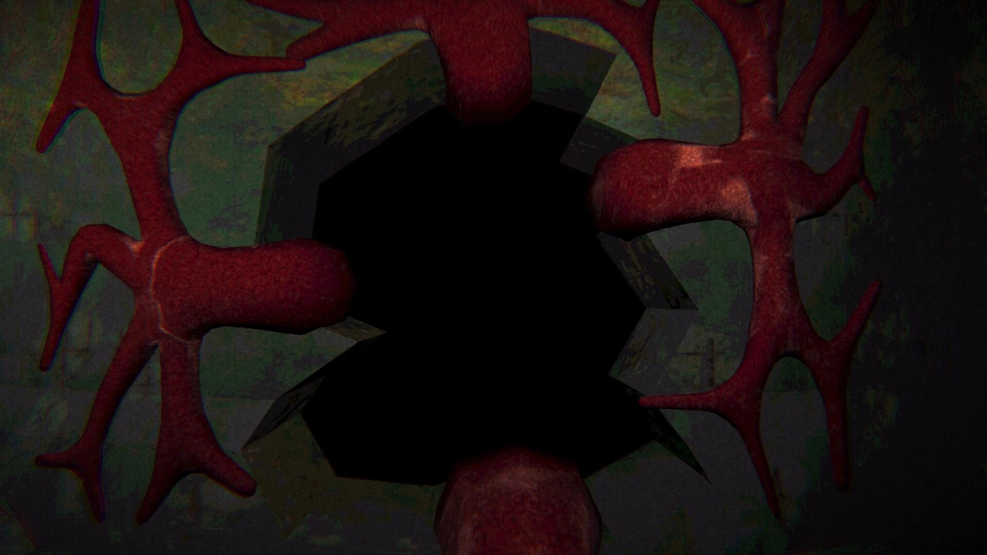 Holey: Organic tendrils surround a dark, ominous hole in a decaying wall environment.