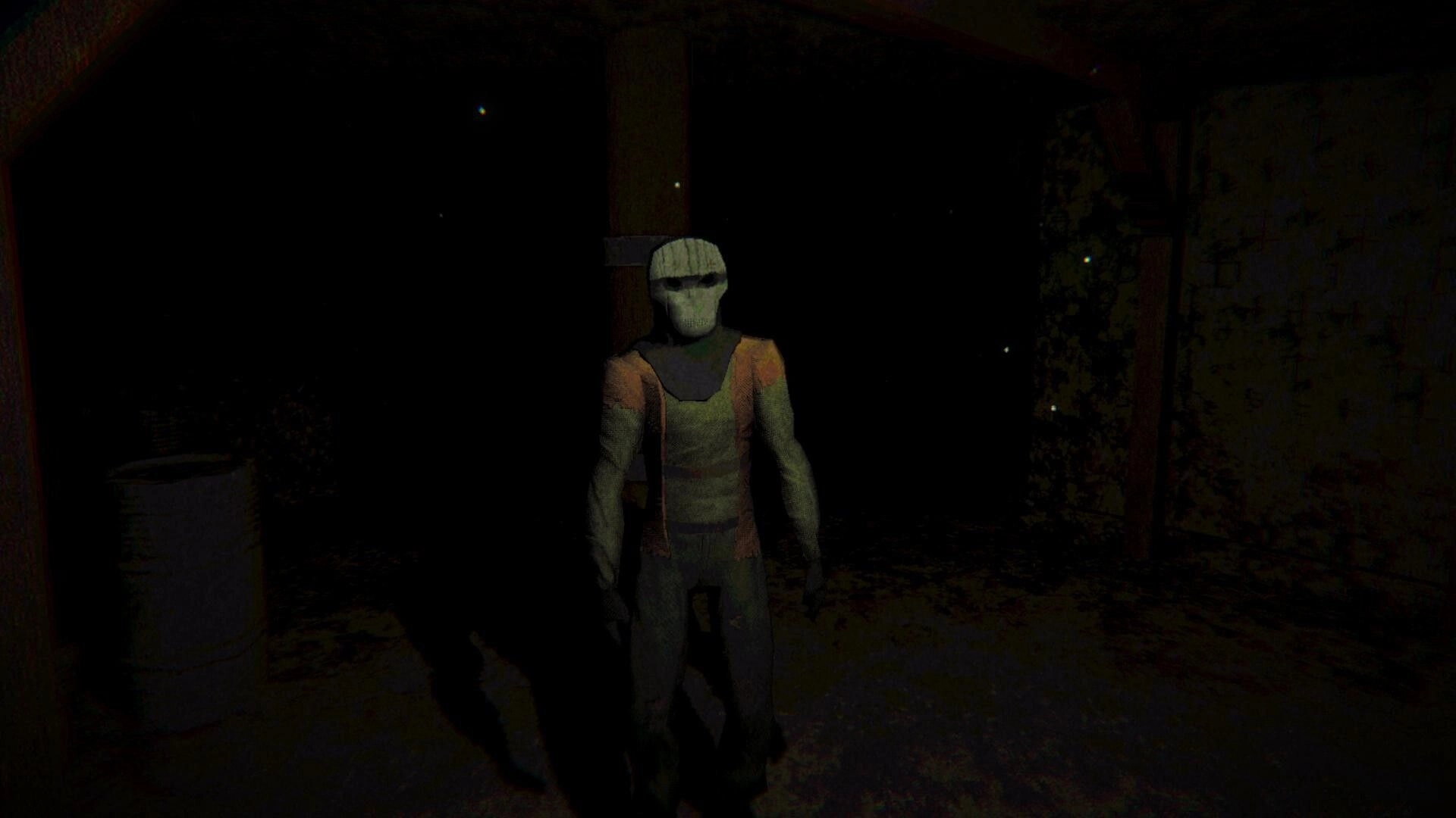 Holey: Mysterious masked figure stands in dimly lit garage, surrounded by shadows and a rusty barrel