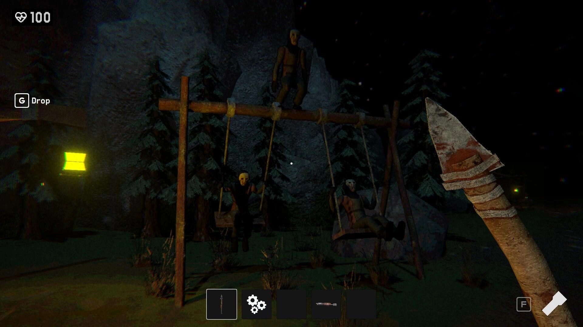 Holey: Masked figures on swings in a dark forest, player holds spear, HUD shows health and inventory