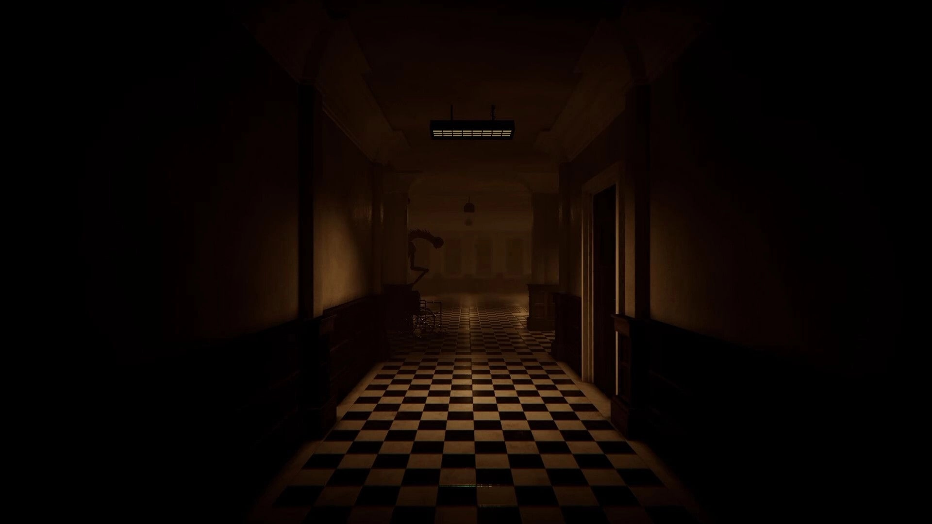Hollow Flesh: First-person view down dim hospital hallway with checkered floor and wheelchair silhouette.