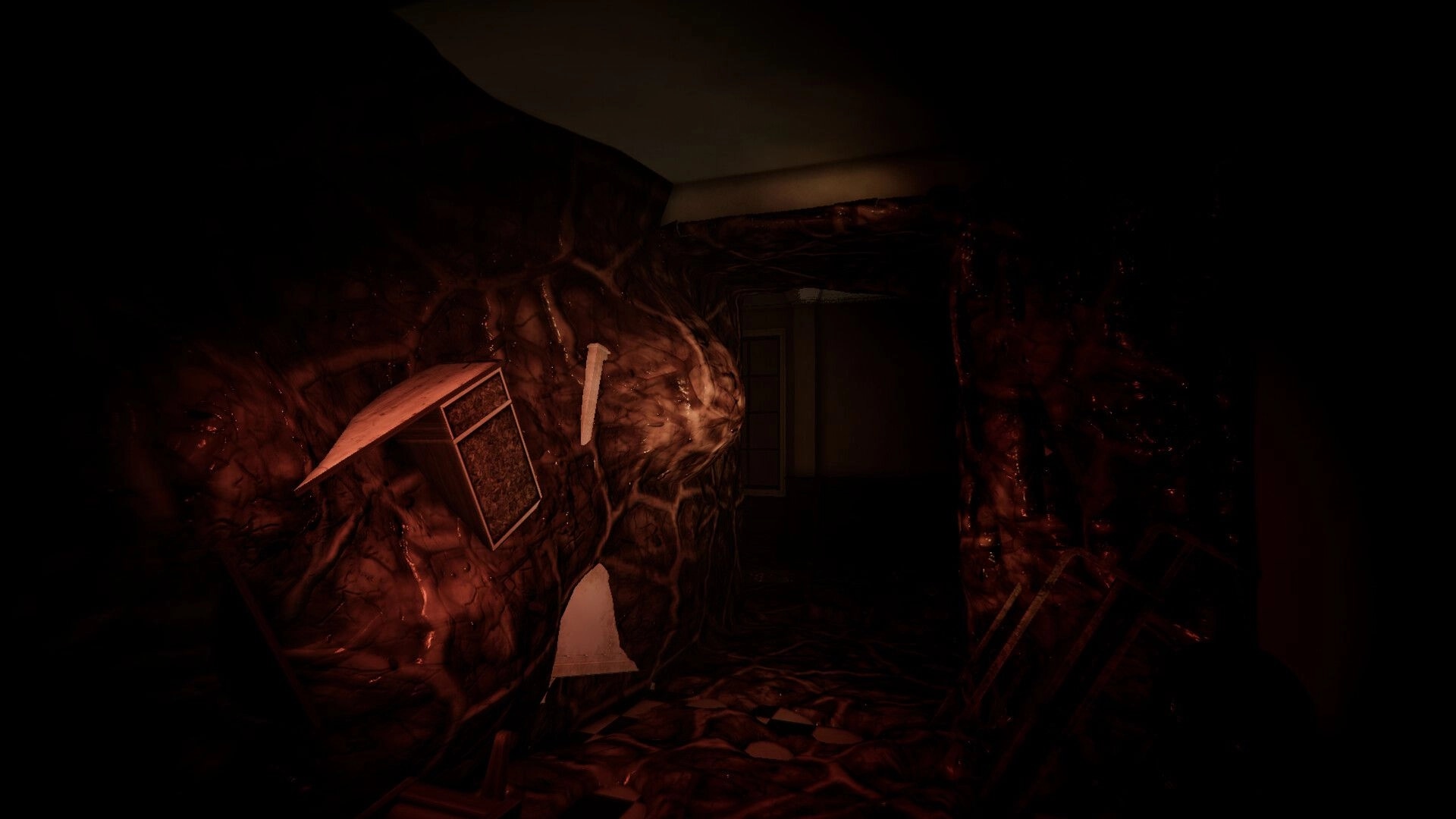 Hollow Flesh: First-person view of a fleshy corridor swallowing broken furniture in a dark ward.