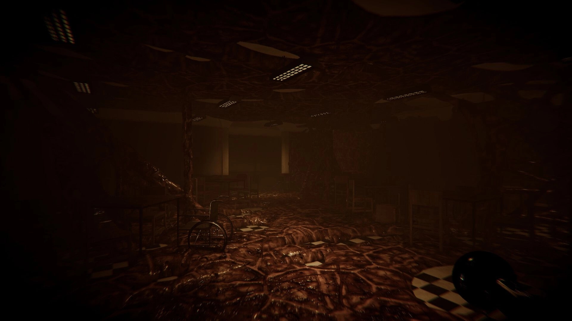 Hollow Flesh: First-person view of fleshy growths overtaking a ward, wheelchair under dim lights.