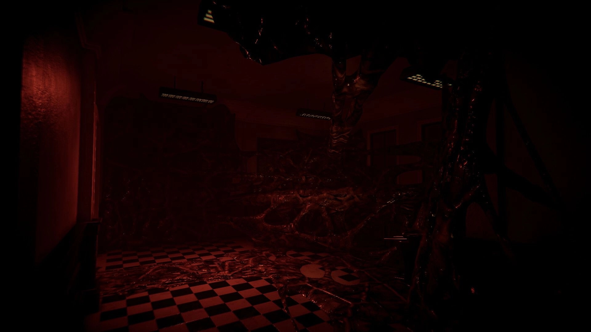 Hollow Flesh: First-person view of a fleshy growth overtaking a red-lit hospital room with tiles.