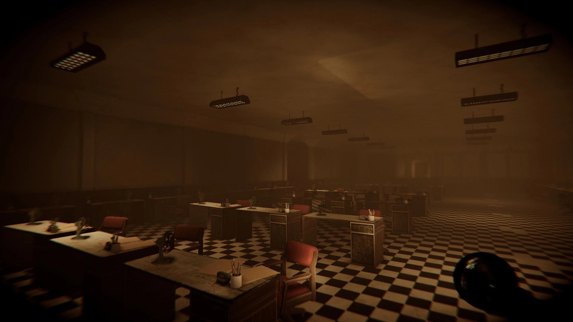 Hollow Flesh: First-person view of a foggy ward office with desks, red chairs, and checkered floor.