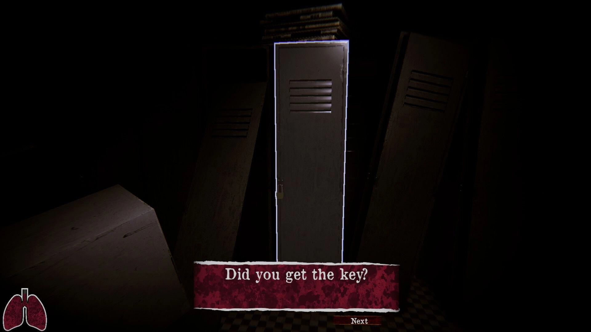 Hollow Flesh: Highlighted metal locker with dialogue prompt “Did you get the key?” in dark ward.