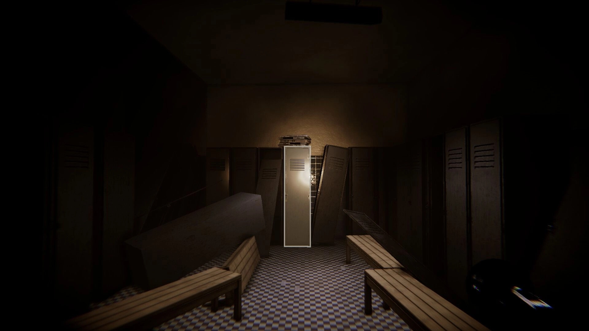 Hollow Flesh: Flashlight-lit locker room with benches and toppled lockers, gloomy tiled floor.