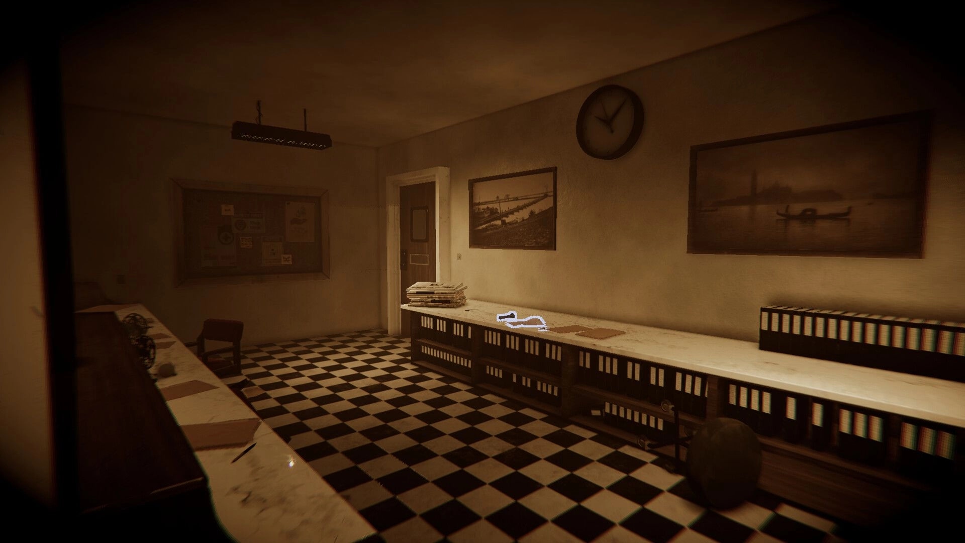 Hollow Flesh: Glowing handprint clue on a dusty counter in a dim hospital office with checker floor.