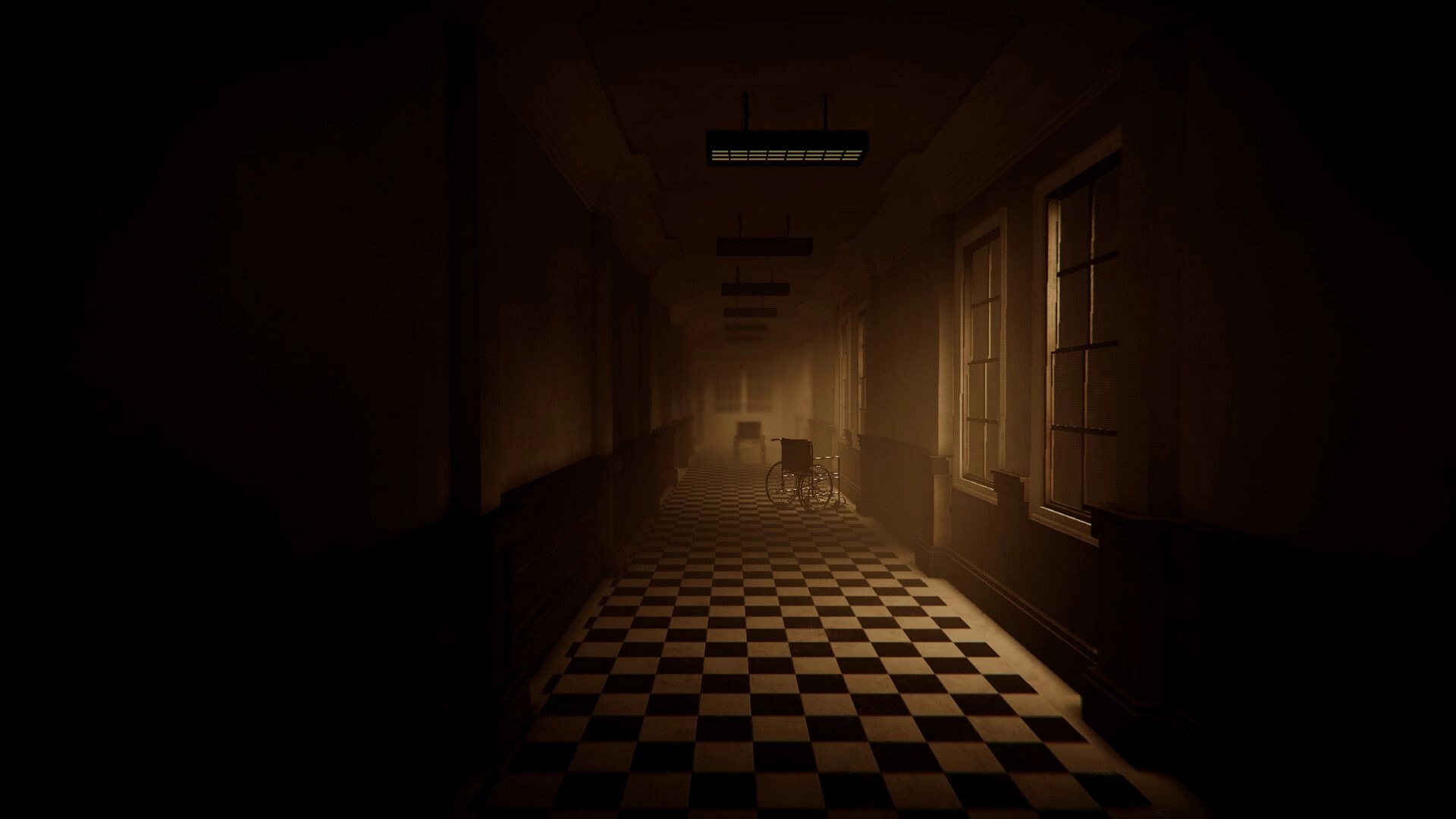 Hollow Flesh: First-person view down a dim hospital hallway with wheelchair and checkerboard tiles.