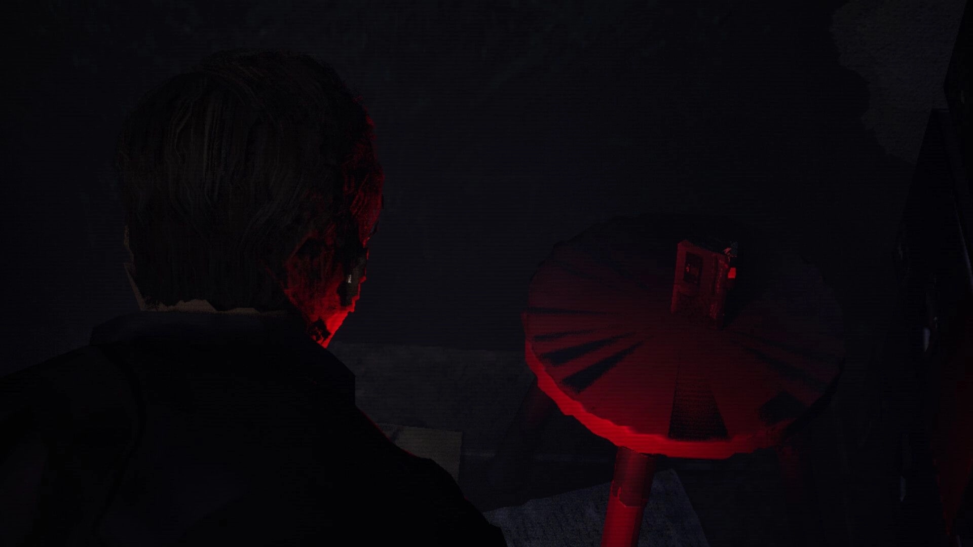 Hollow Stories: Character examines a red-lit table with a tape recorder in a dimly lit room.