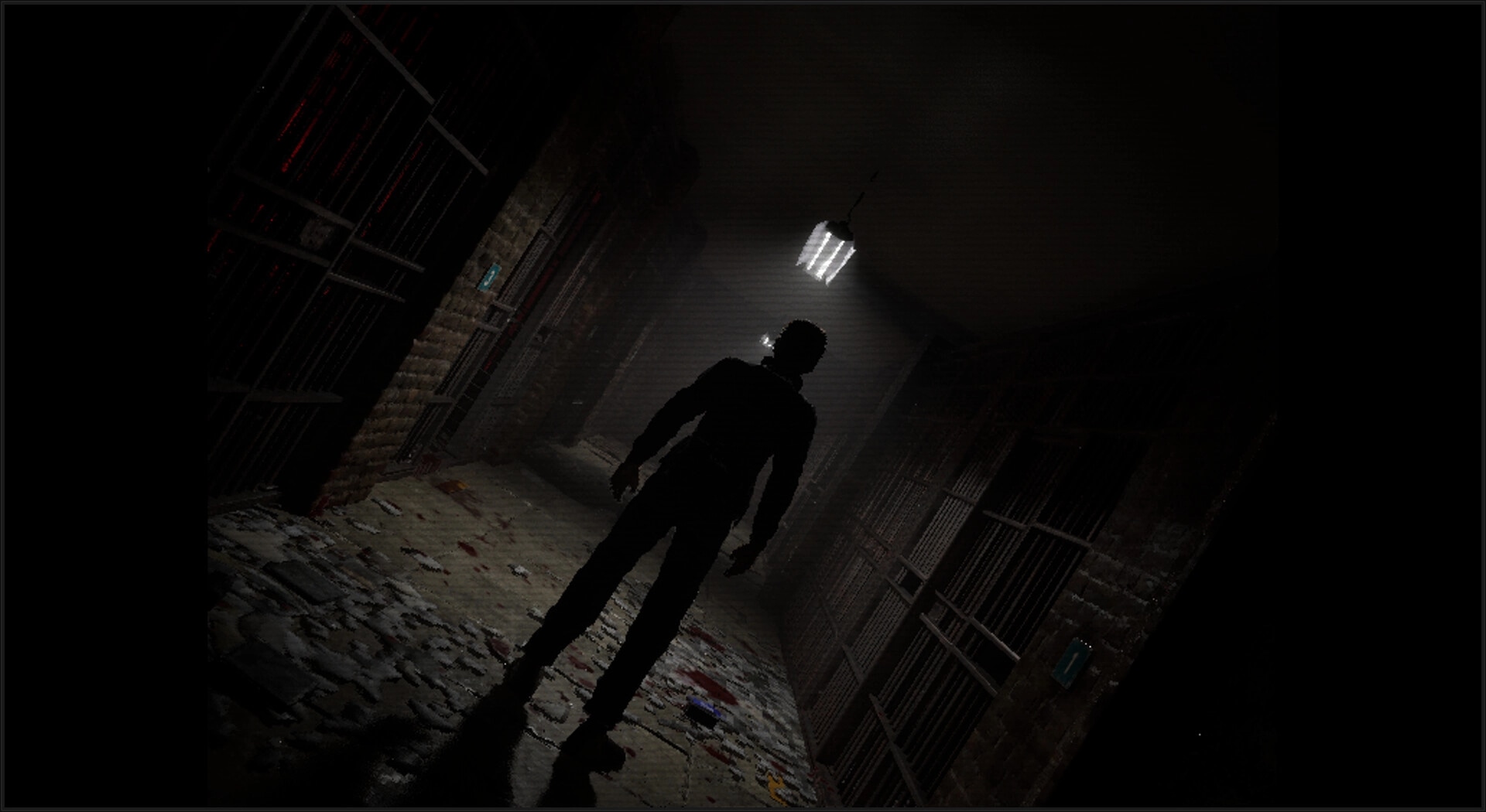 Hollow Stories: Lone figure explores a dimly lit, eerie corridor with barred walls and scattered debris.