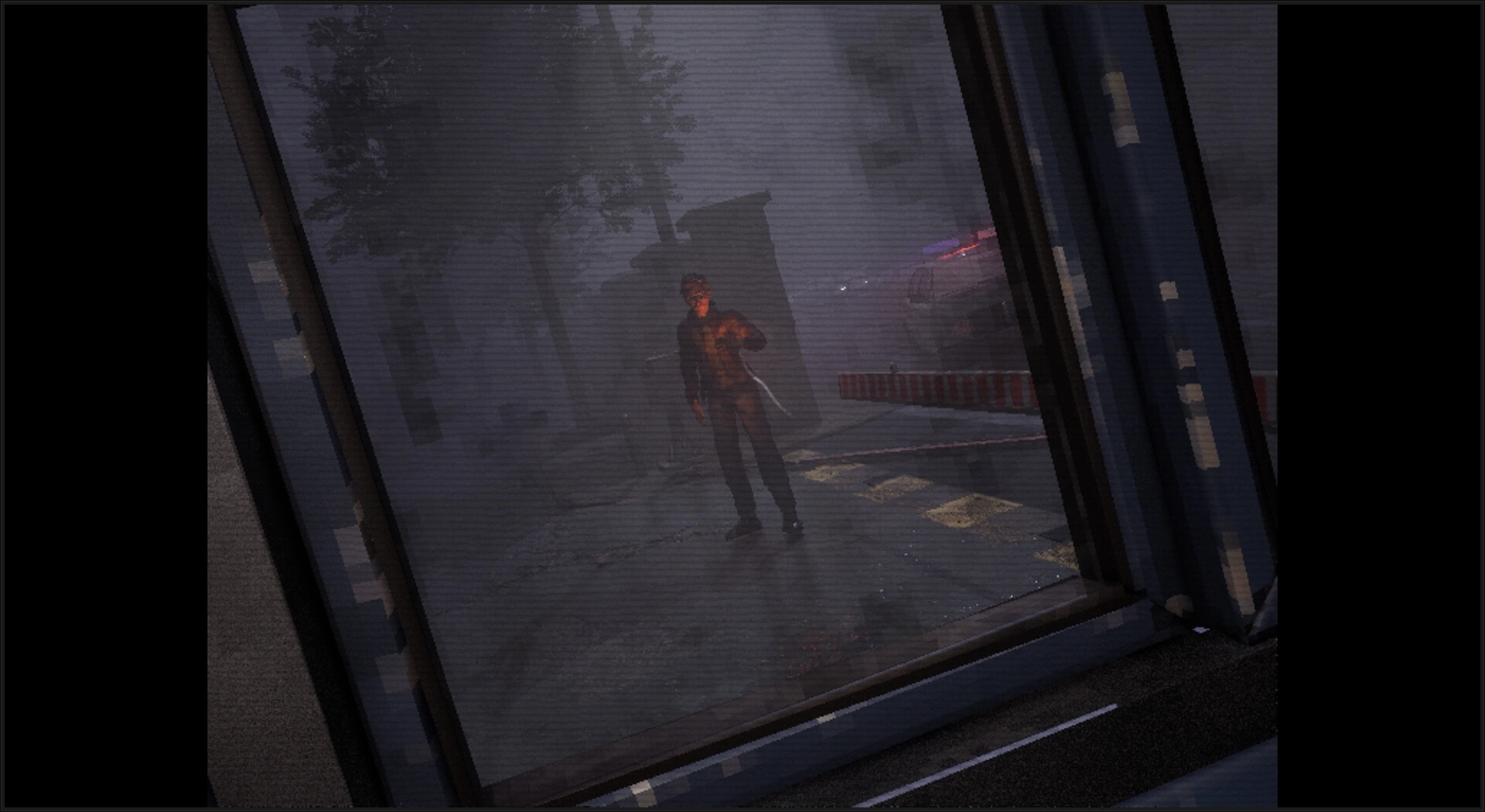 Hollow Stories: Lone figure stands in foggy street outside window with police lights in background