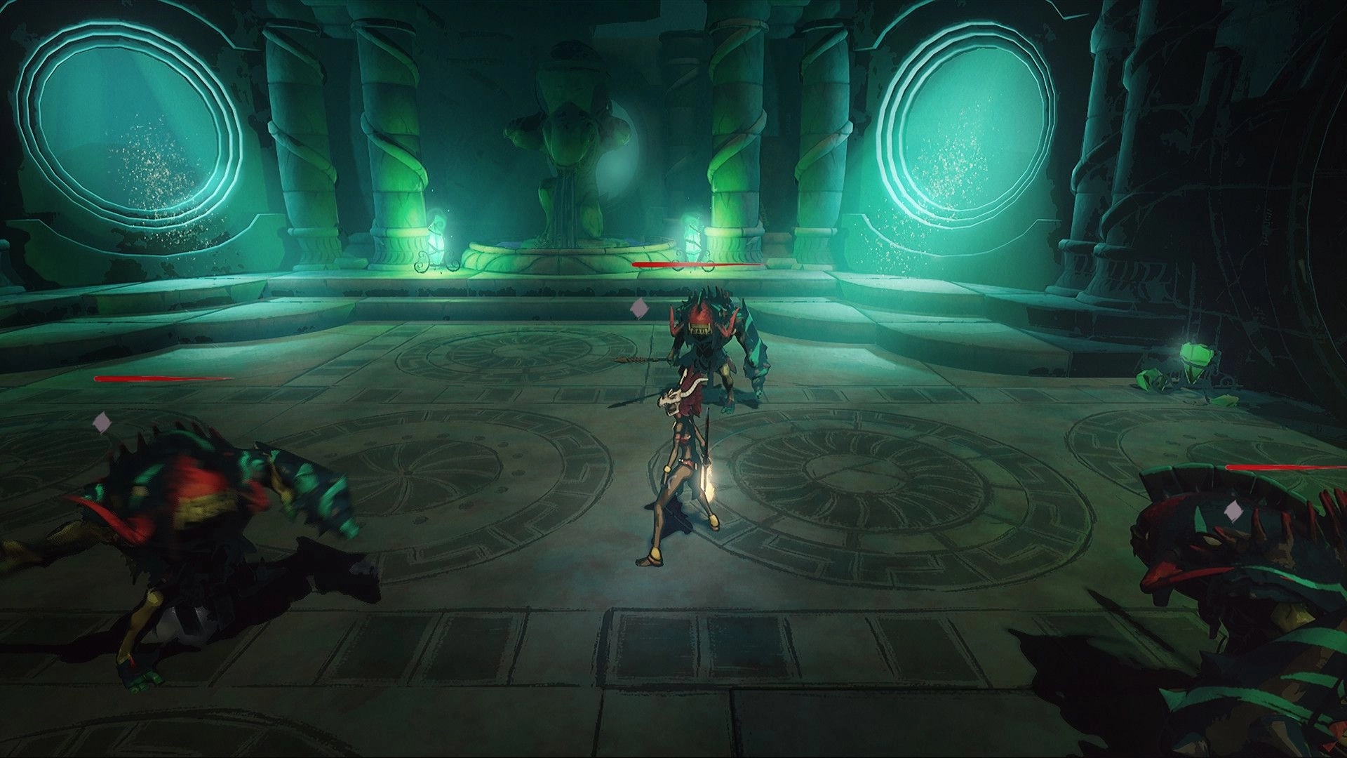 HOLMGANG: Hero battles monsters in ancient temple with glowing portals and intricate floor patterns