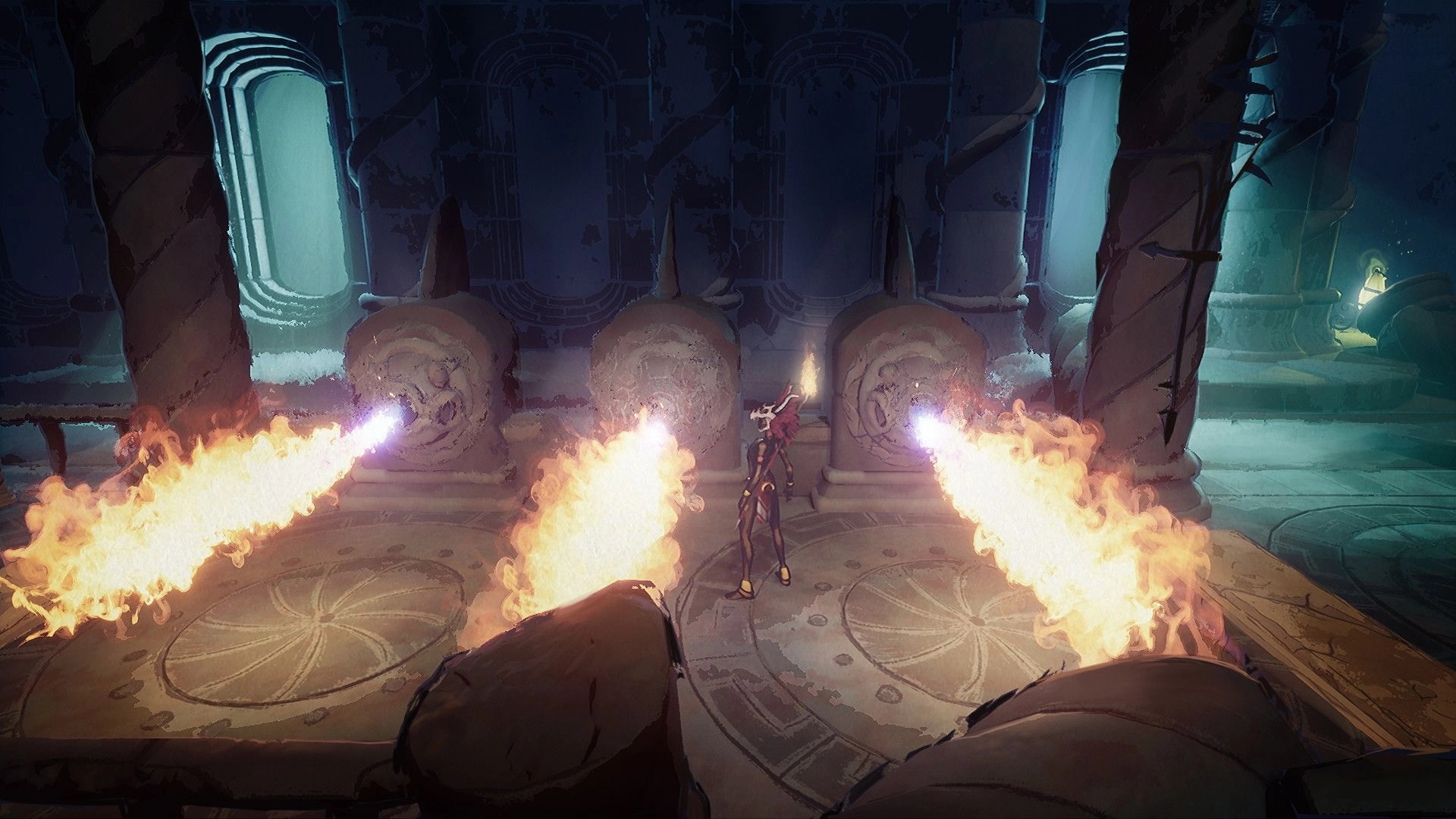 HOLMGANG: Hero dodges flames in ancient stone chamber with glowing pillars and intricate floor designs