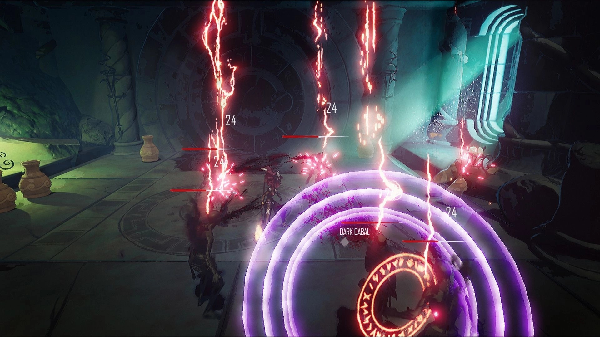 HOLMGANG: Combat with magical attacks in a dark temple with glowing symbols and enemies labeled "Dark Cabal"