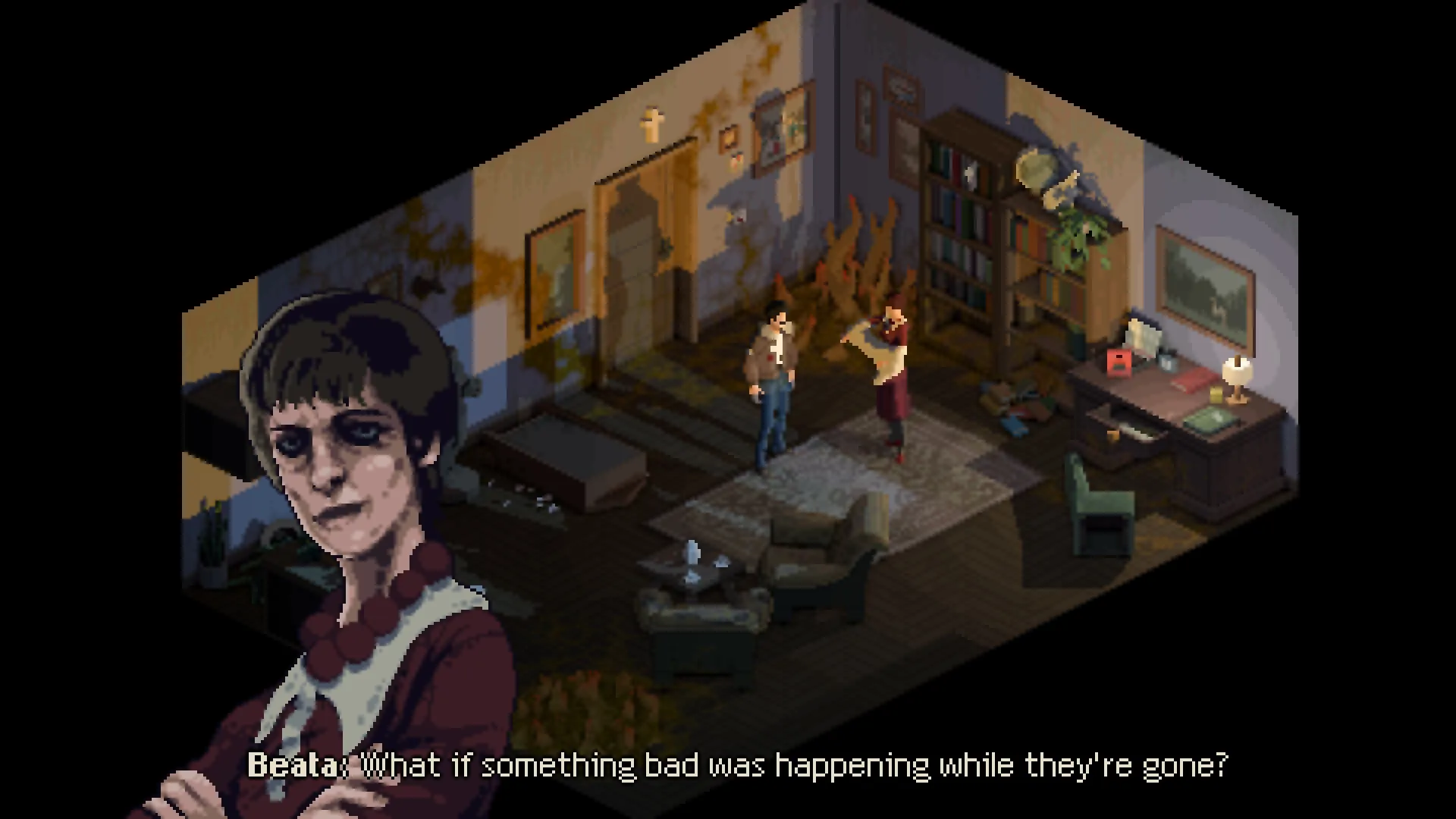 Holstin: Beata confronts a man in a decaying living room with moldy walls and scattered furniture.