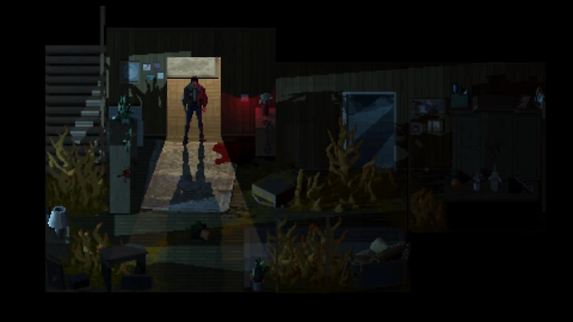 Holstin: Lone figure in doorway of dimly lit room with overgrown plants and scattered debris