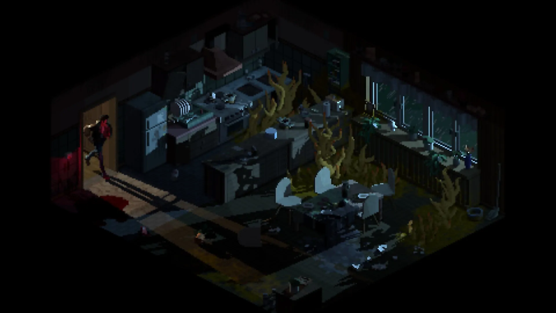 Holstin: Character cautiously entering a dimly lit, overgrown kitchen with eerie plant growths